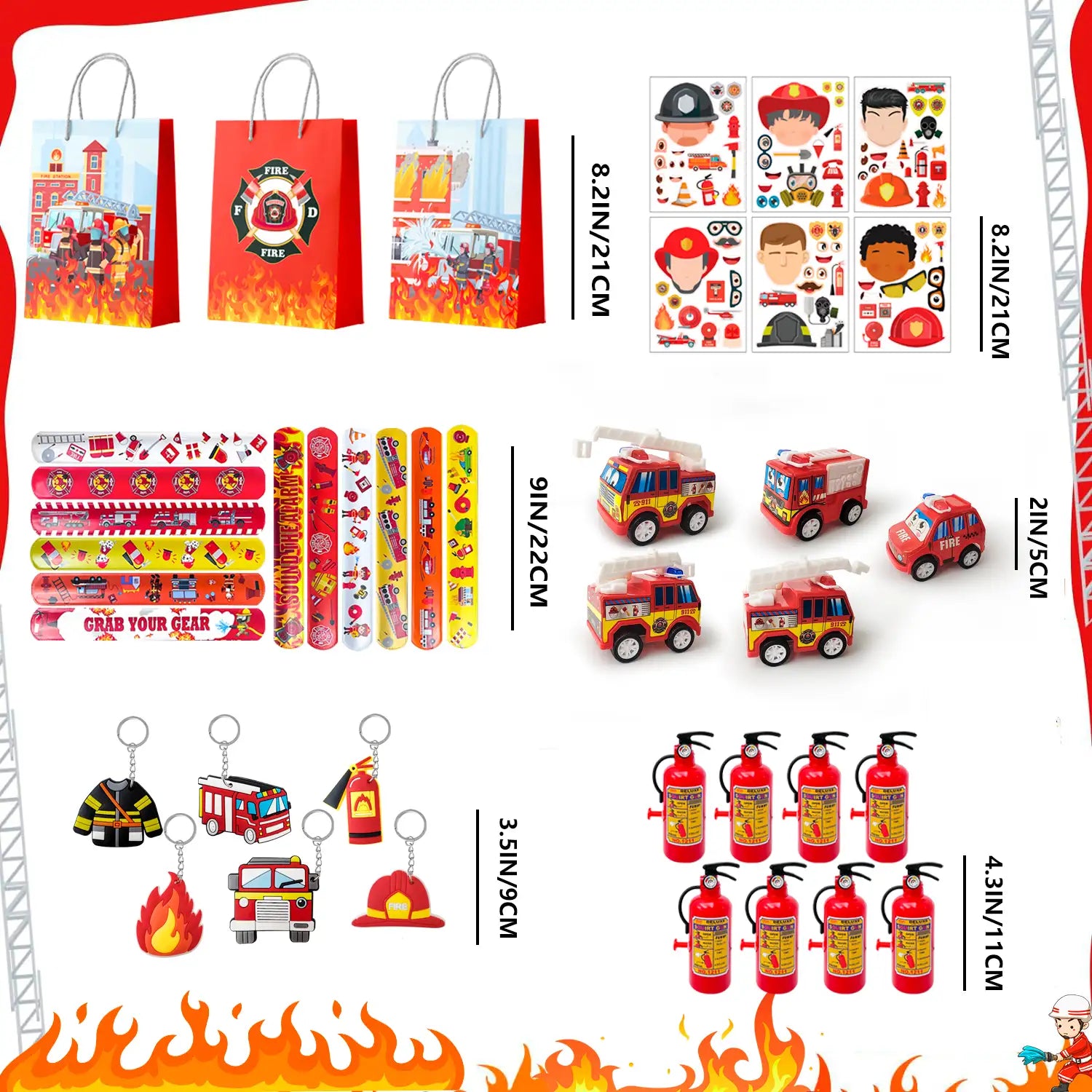Firefighter Party Favors,12 Guests Fire Truck Party Favors Set- Firefighter Party Stickers Slap Bracelets Keychains etc Firefighter Themed Party Favors for Firefighter Birthday Party Decorations Supplies