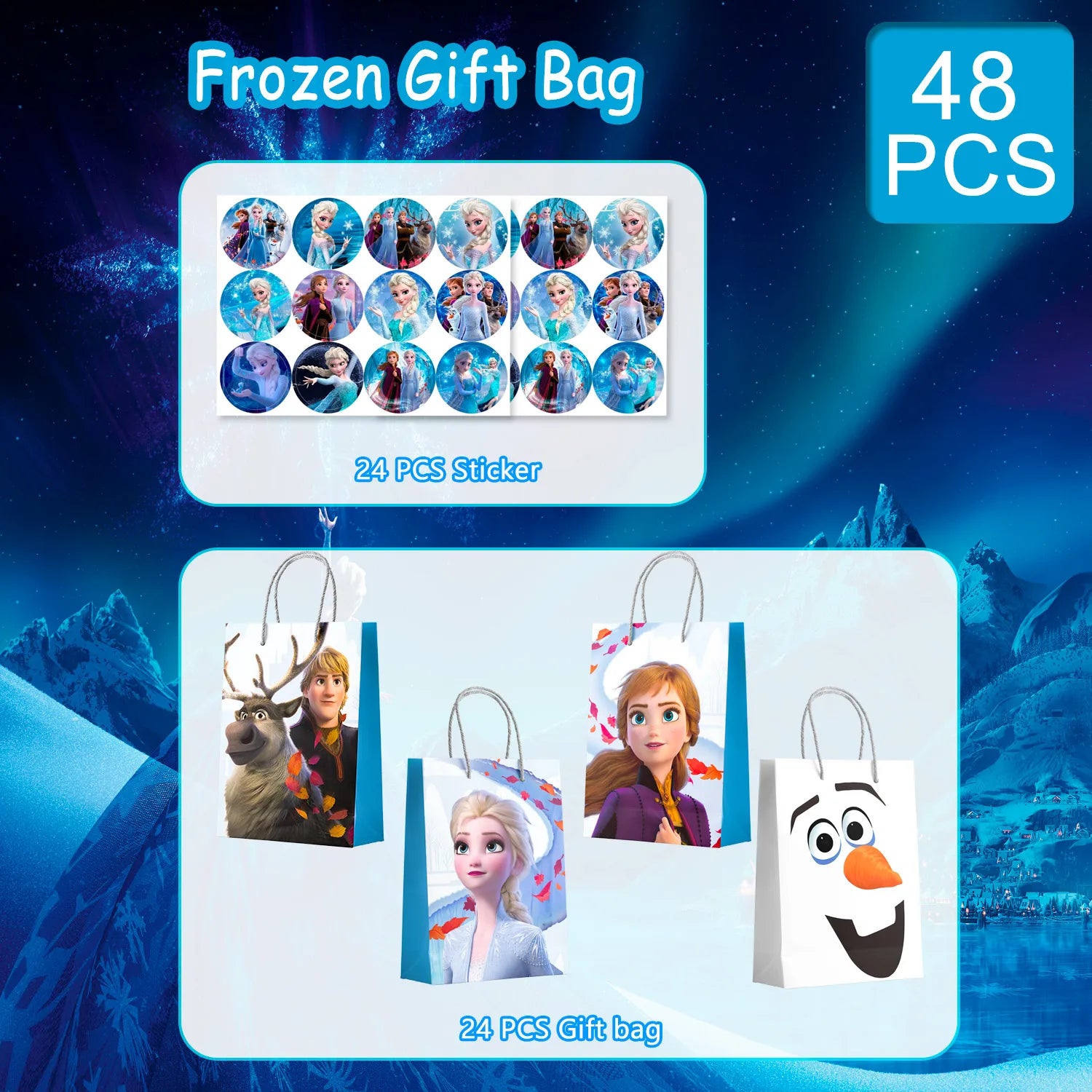 Frozen Birthday Party Supplies, 24pcs Frozen Party Favor Bags and 24pcs Frozen Stickers for Kids Frozen Goodie Bags, Frozen Gift Bag, Frozen Birthday Party Favors Boxes