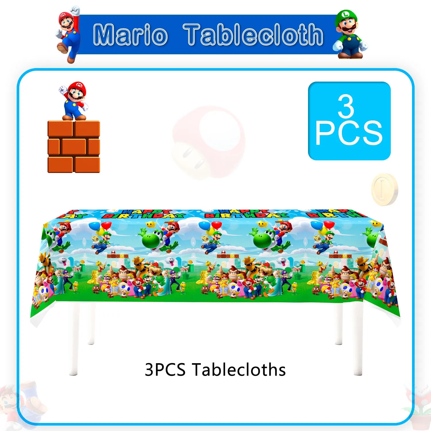 Super Mario Birthday Party Supplies - Super Mario Tablecloth, 3pcs Mario Bros Table Cover - 42.5" x 70.8", for Boys Kids Mario Brothers Birthday, Mario Theme Party Supplies