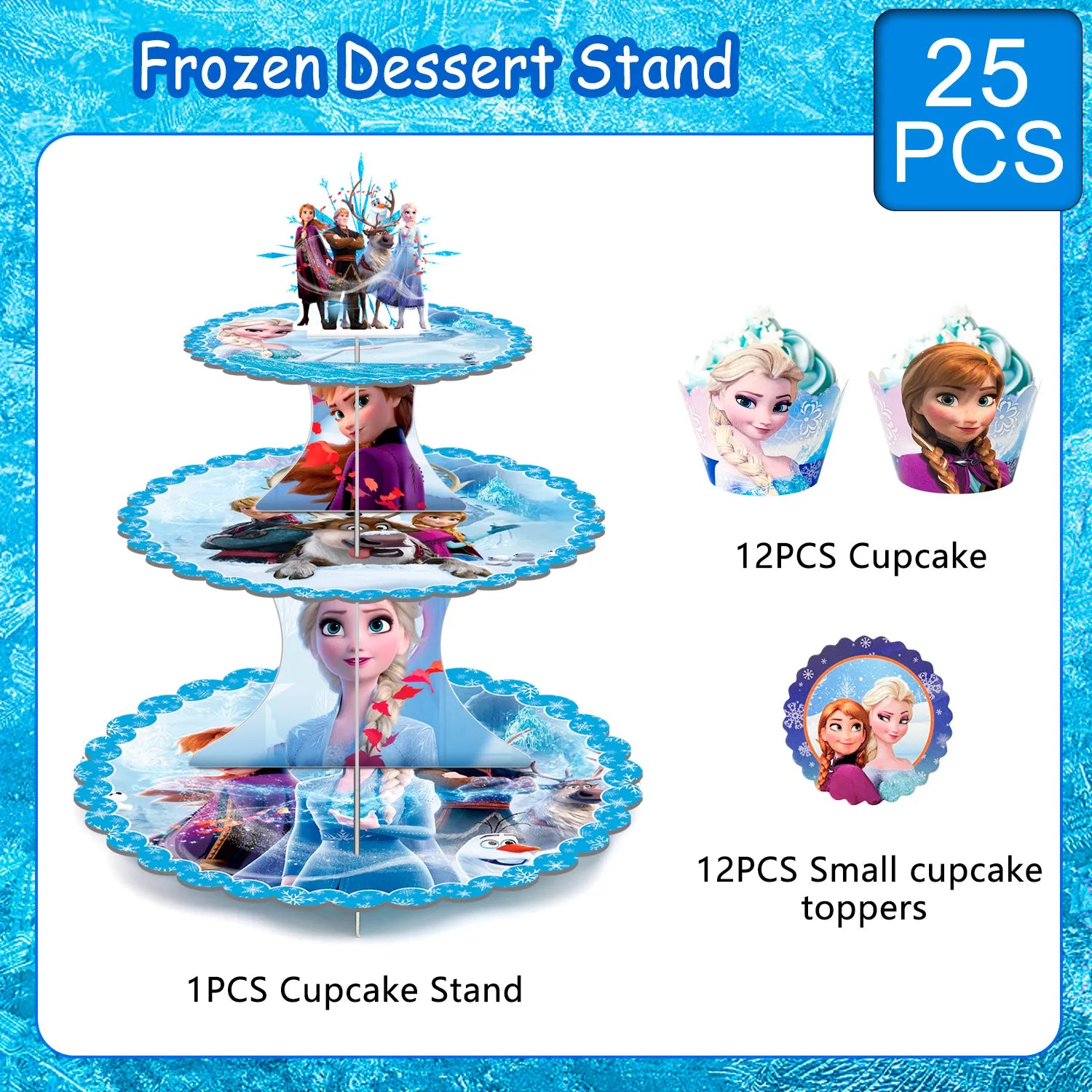 Frozen Cupcake Stand, 3-Tier Frozen Birthday Cupcake Stand with 12pcs Frozen Cupke Toppers & 12pcs Elsa Cake Cups Perfect for Elsa Themcaed Party or Frozen Birthday Party Supplies