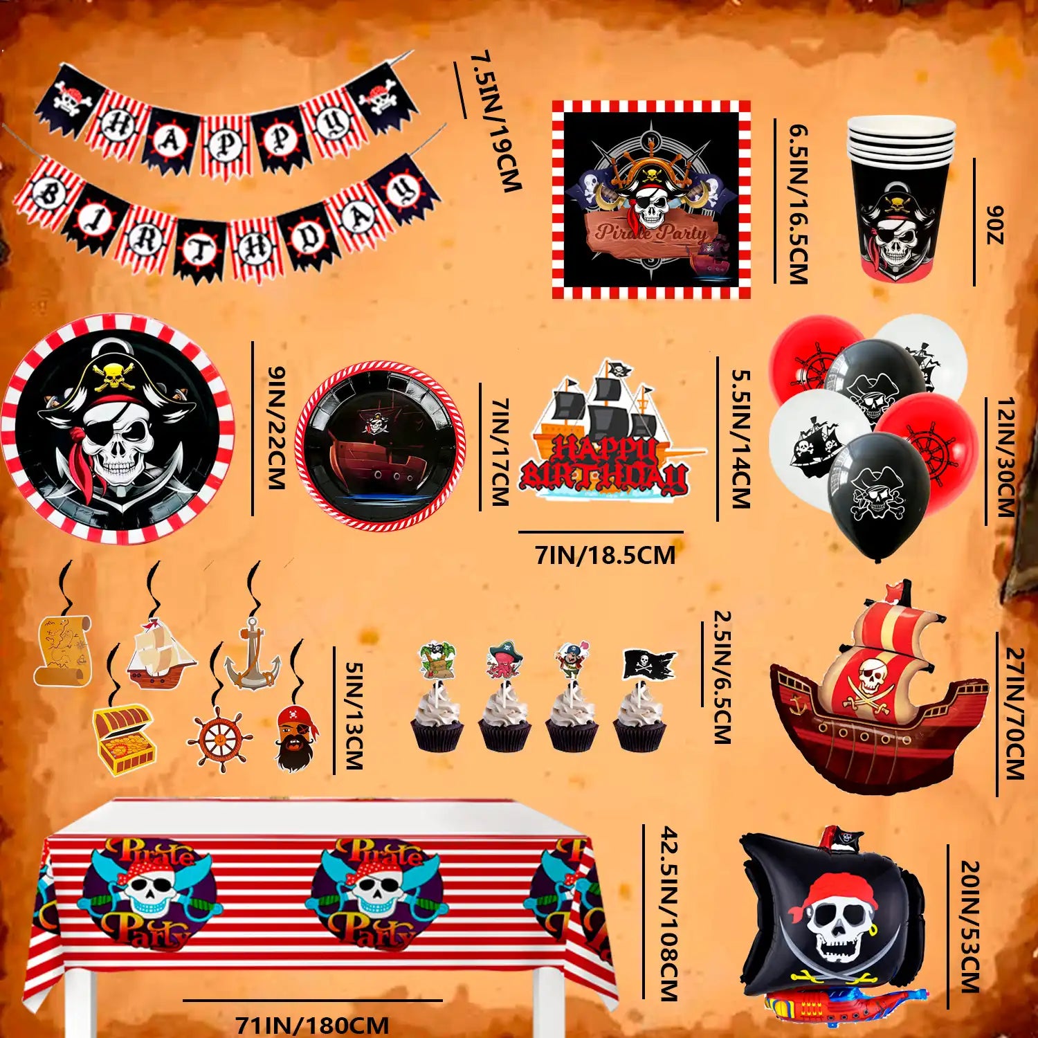 Pirate Birthday Party Supplies,113Pcs Pirate Party Decorations & Tableware Set - Pirate Birthday Banner Balloons Tablecloth Plates Cups Napkins ect, Pirate Halloween Themed Birthday Decorations