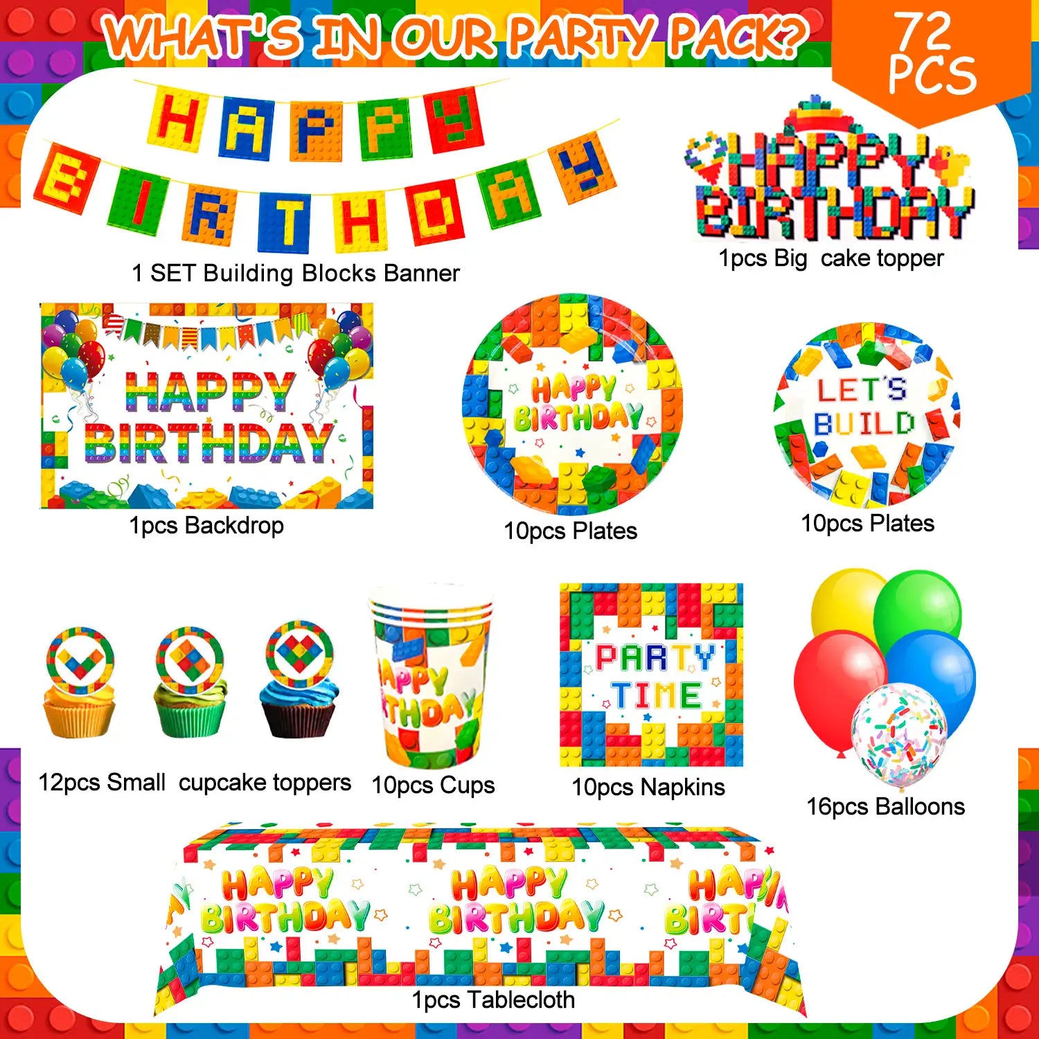 Building Block Birthday Party Supplies, 10 Guests Building Blocks Party Decorations & Tableware Set - Building Block Party Plates Tablecloth Banner Backdrop etc Building Blocks Themed Party Supplies