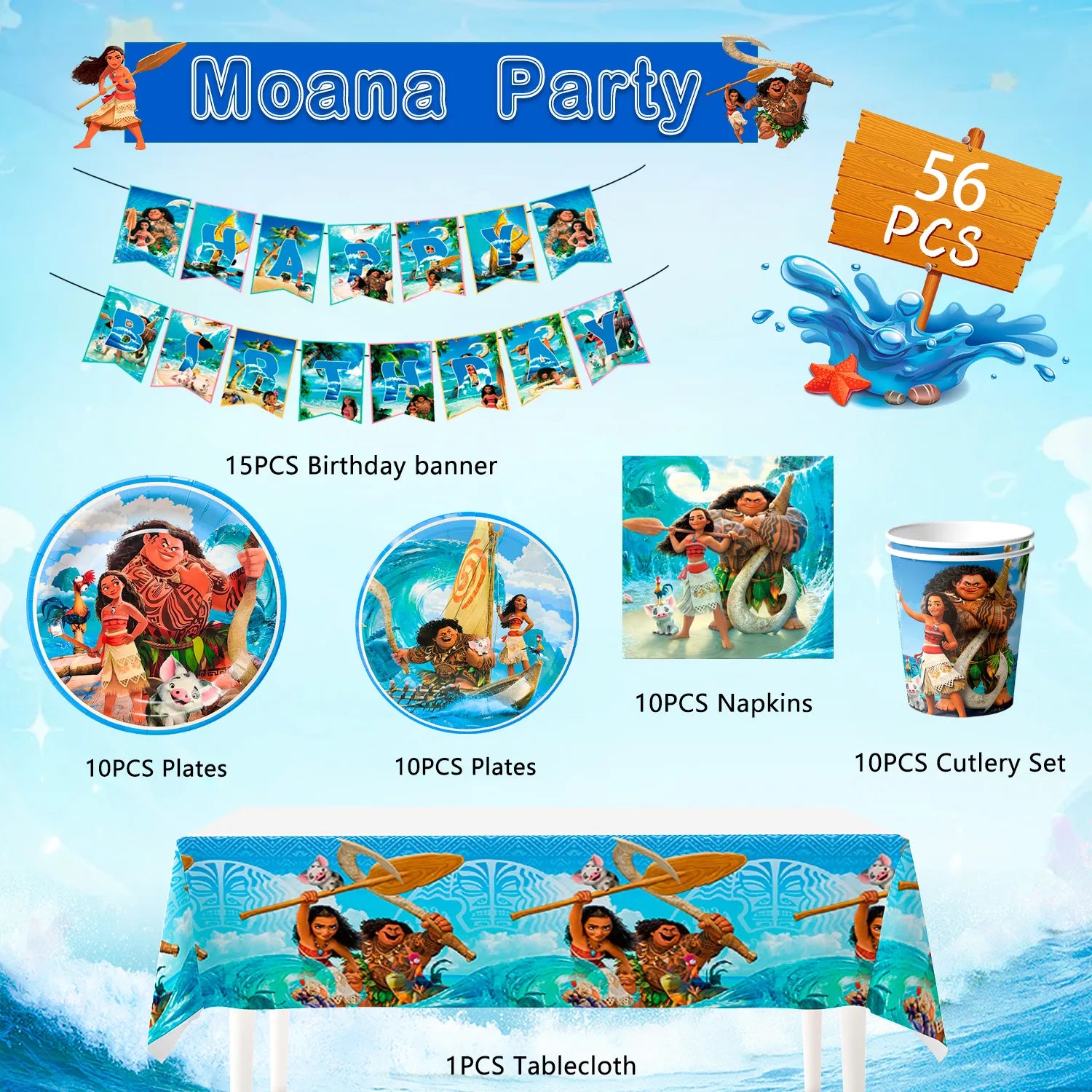 Moana Party Tableware Set, 10-Person Moana Birthday Party Decorations Tableware Packs Includ Moana Banners Tablecloth Plates Cups Napkins etc Moana Theme Party Supplies for Boys/Girls,Serves 10