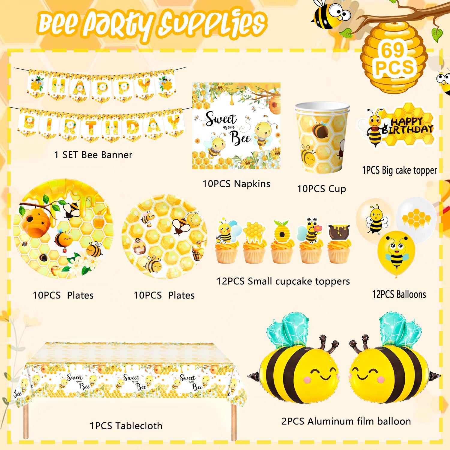 Bee Birthday Decorations,69 Pcs Bee Party Decorations and Tableware Set- Bee Party Plates Cups Napkins Tablecloth & Happy Birthday Bee Banner Balloons Cake Toppers etc Bee Birthday Party Decorations