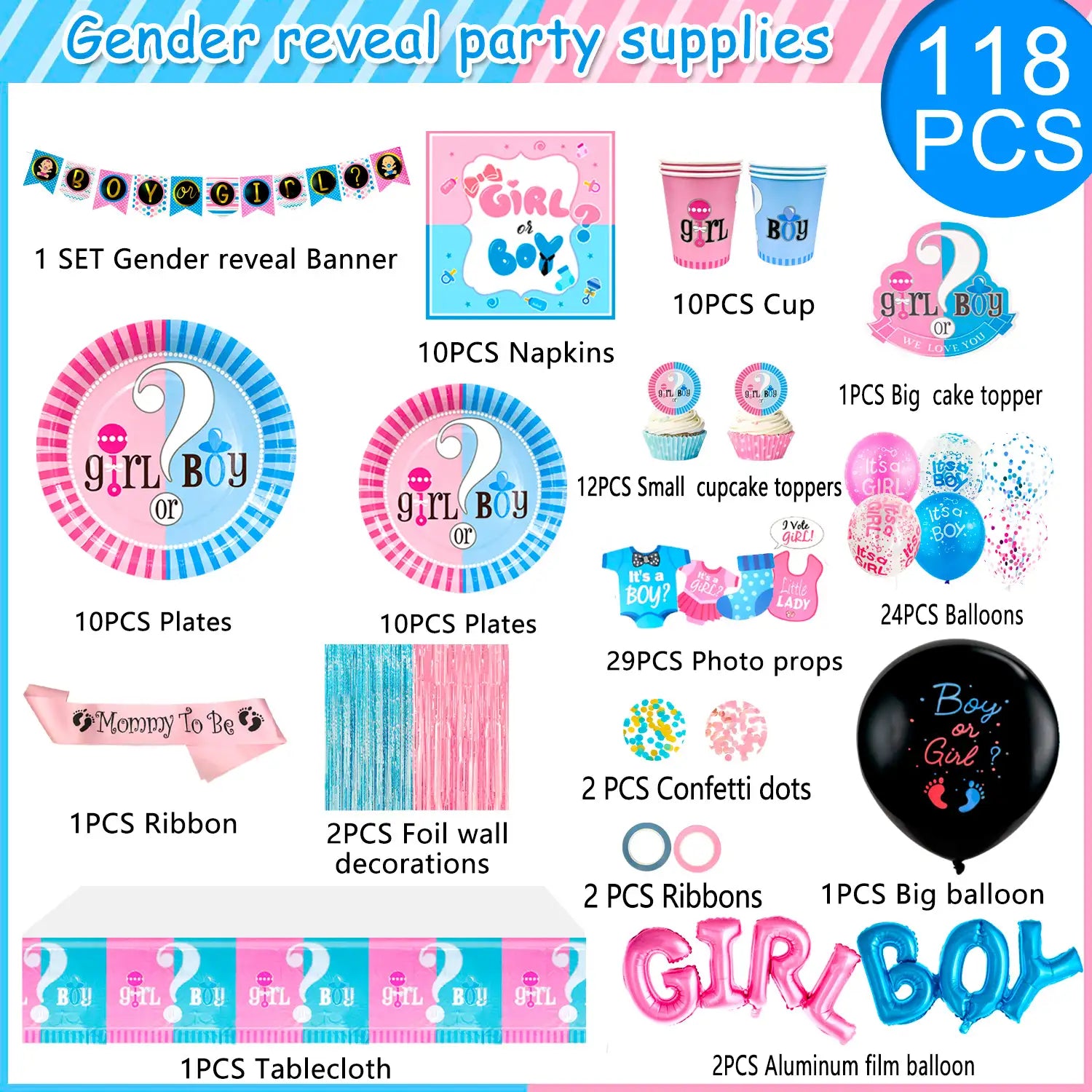Baby Gender Reveal Party Supplies,118pcs gender reveal party decorations&Tableware Set-Gender Reveal Balloons,Boy or Girl Banner Balloons Plates Cups Tablecloth Fringe Curtains Photo Booth Props etc..