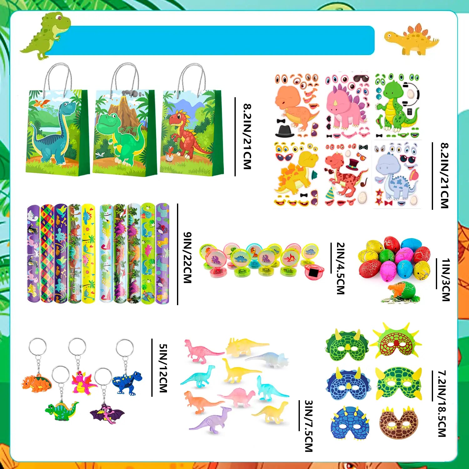 Dinosaur Party Favors for Kids, 12 Guests All-in-One Dinosaur Birthday Party Favors Set - Dino Party Favor Bags Keychains Stampers Stickers Toys Clap Bracelets etc Dinosaur Birthday Party Supplies
