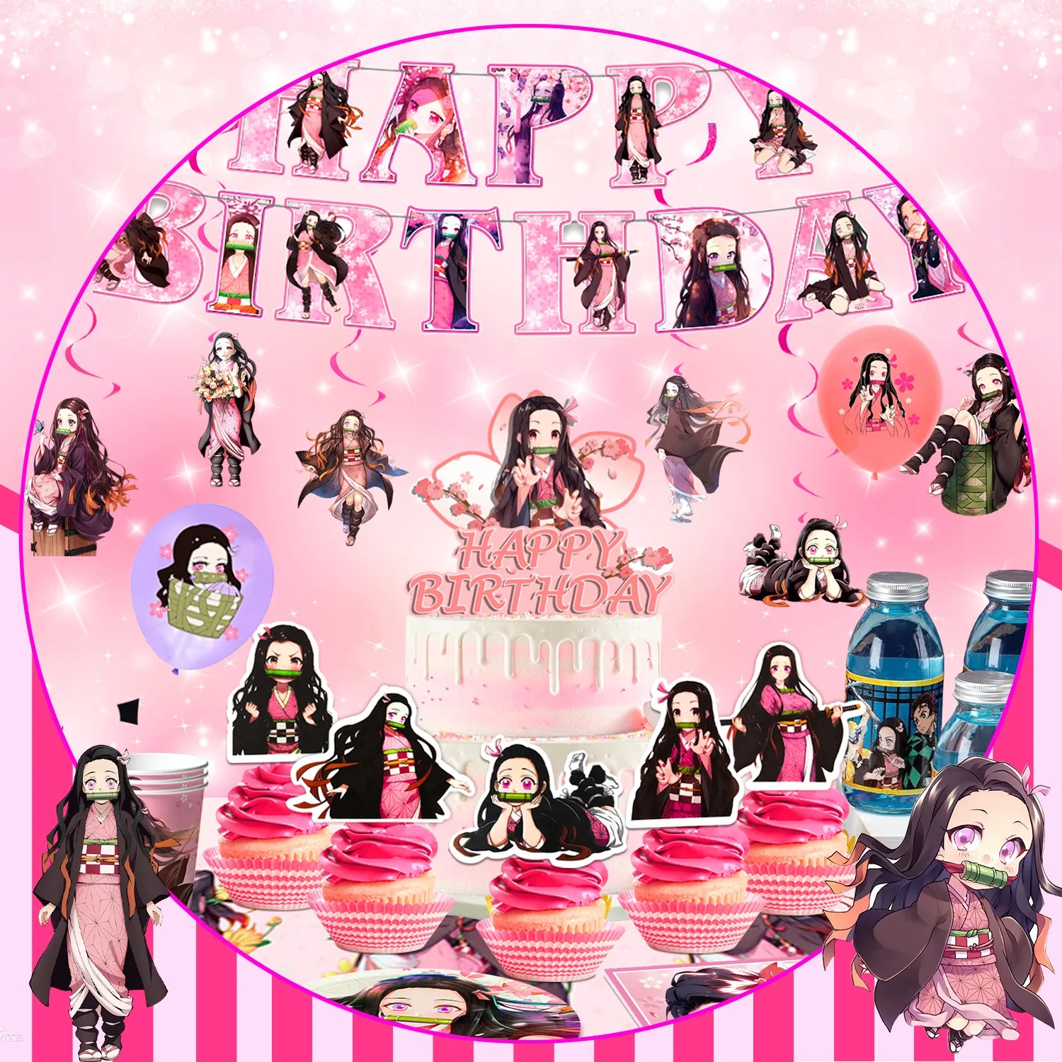 Nezuko Birthday Party Decorations, 87 Pcs Nezuko Theme Birthday Party Supplies Include Nezuko Birthday Balloon Banner & Nezuko Party Plates Napkins Tablecloth etc Demon Anime Birthday Decorations