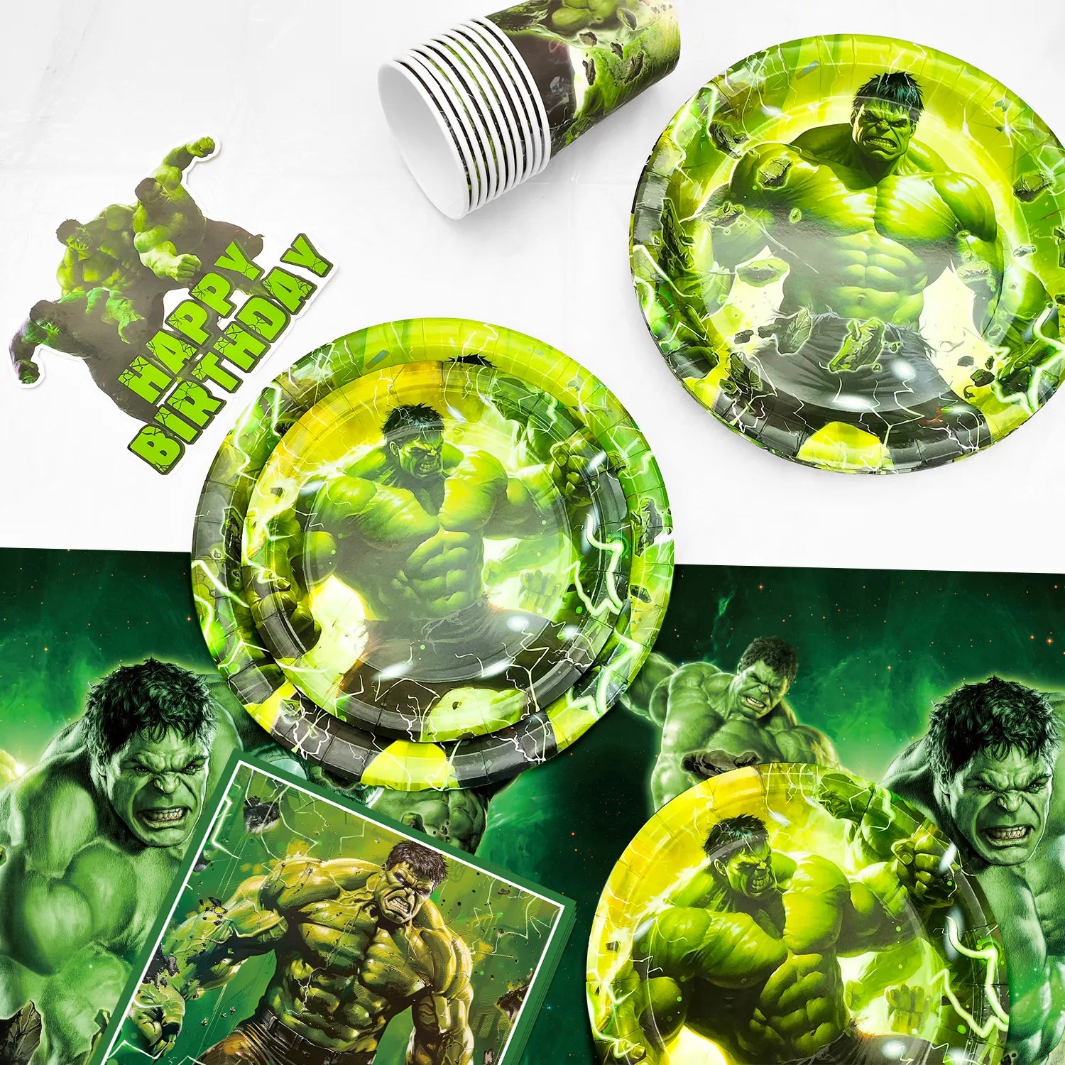 Hulk Birthday Party Supplies, 82pcs Hulk Party Decorations & Tableware Set Including Hulk Cake Topper Balloons Backdrop Plates Cups etc Hulk Themed Birthday Party Decorations Supplies for Boys/Girls