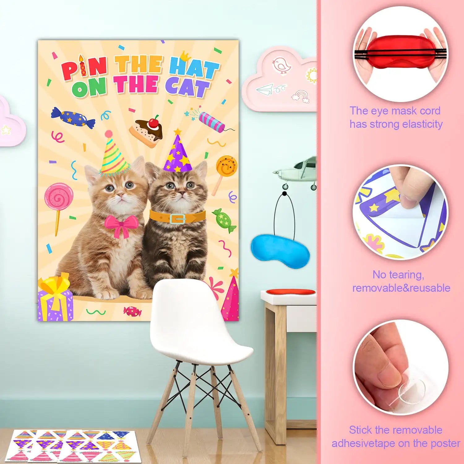 Pin The Hat on The Cat Party Games, 7 Pcs Cat Birthday Party Games Kit - Cat Games Poster, Cat Party Games Blindfold & Cat Birthday Hat Stickers etc Cat Birthday Decorations Supplies