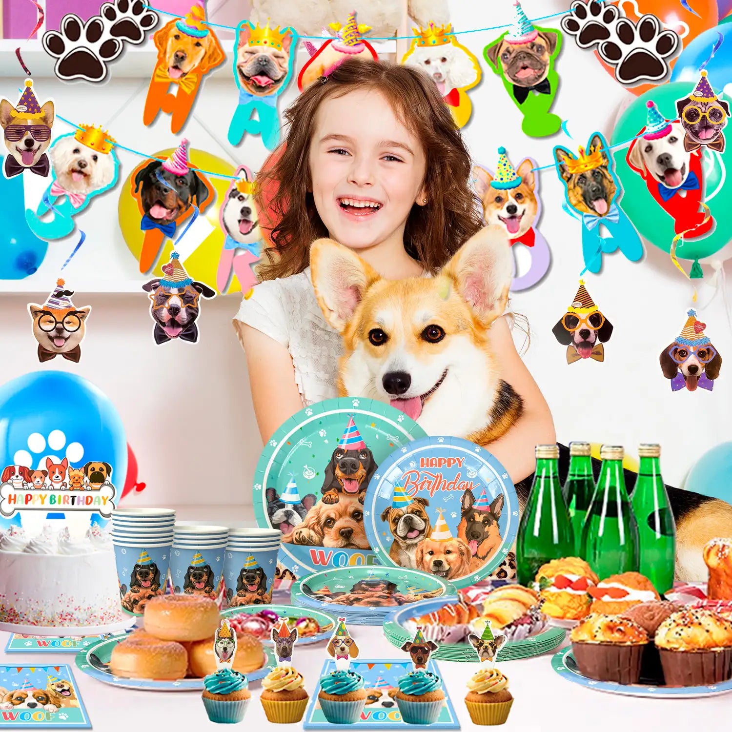 Puppy Birthday Party Supplies for Kids, 16 Guests Dog Theme Birthday Party Supplies Include Dog Party Plates Cups Napkins Tablecloth  Banner Balloon Cake Topper ect Puppy Themed Party Supplies