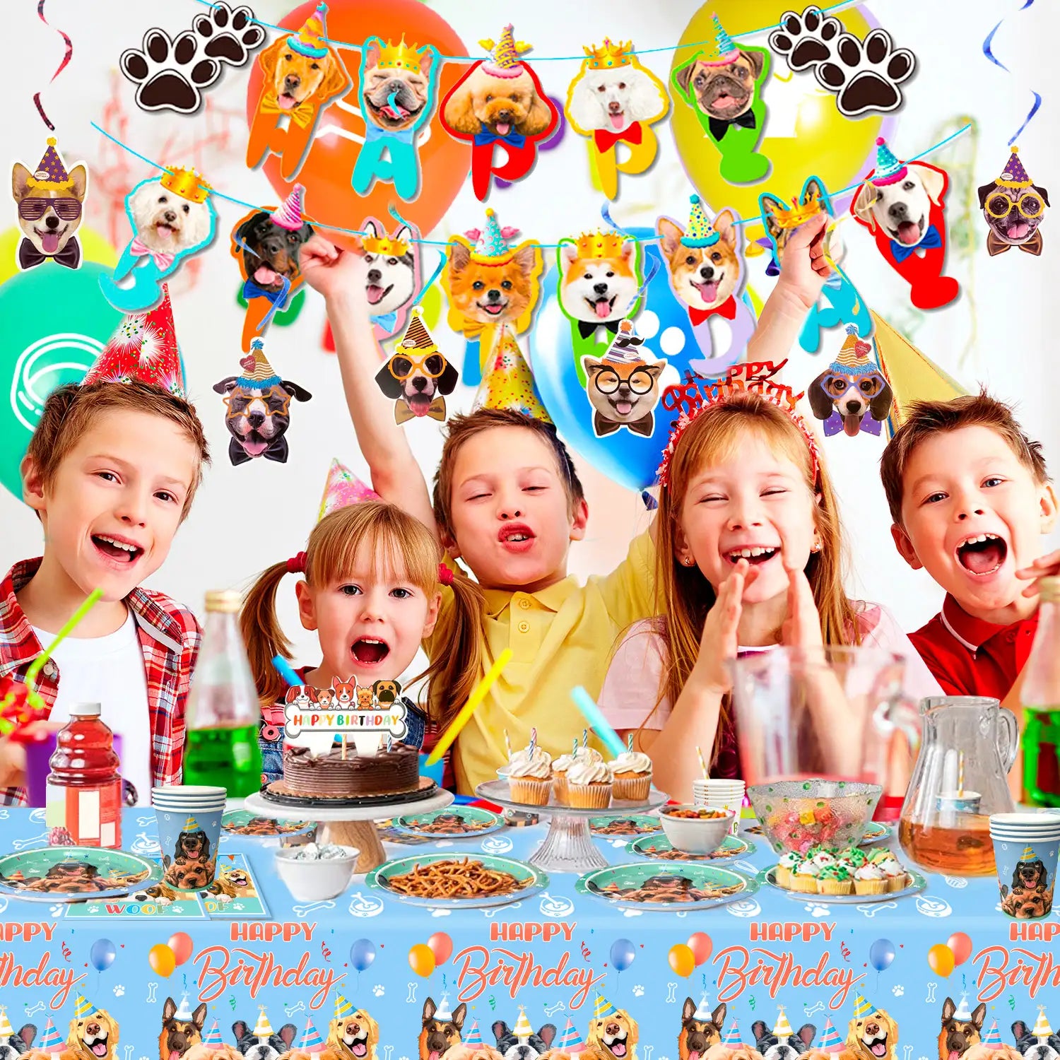 Puppy Birthday Party Supplies for Kids, 16 Guests Dog Theme Birthday Party Supplies Include Dog Party Plates Cups Napkins Tablecloth  Banner Balloon Cake Topper ect Puppy Themed Party Supplies