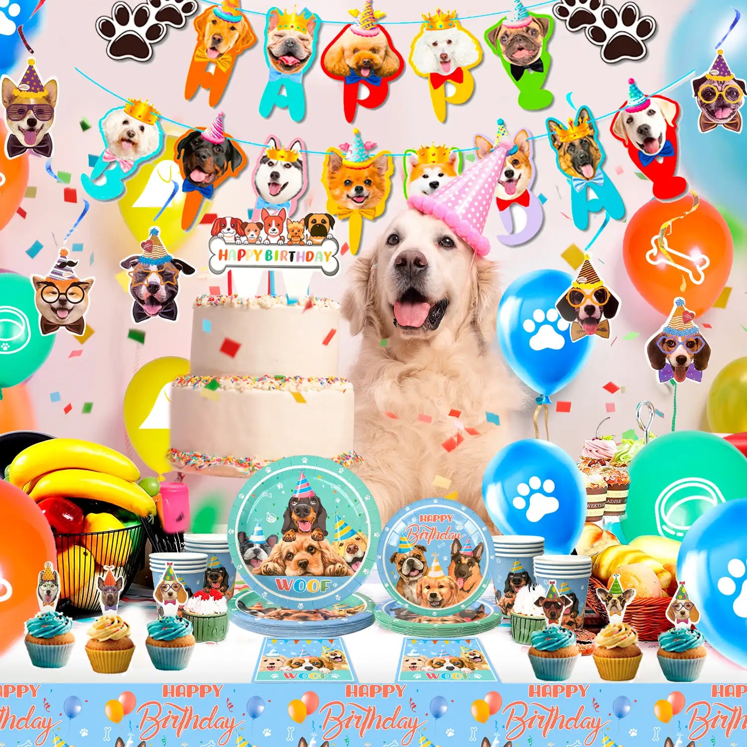 Puppy Birthday Party Supplies for Kids, 16 Guests Dog Theme Birthday Party Supplies Include Dog Party Plates Cups Napkins Tablecloth  Banner Balloon Cake Topper ect Puppy Themed Party Supplies