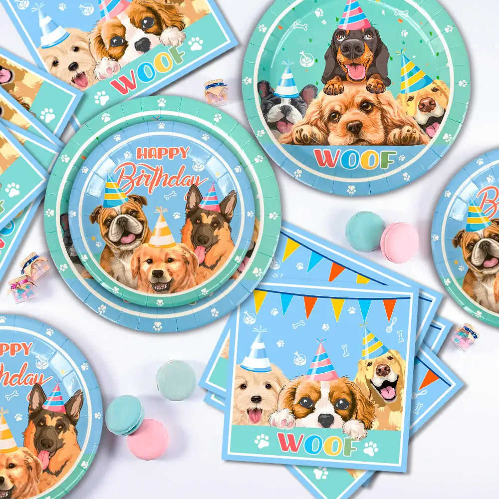 Puppy Birthday Party Supplies for Kids, 16 Guests Dog Theme Birthday Party Supplies Include Dog Party Plates Cups Napkins Tablecloth  Banner Balloon Cake Topper ect Puppy Themed Party Supplies