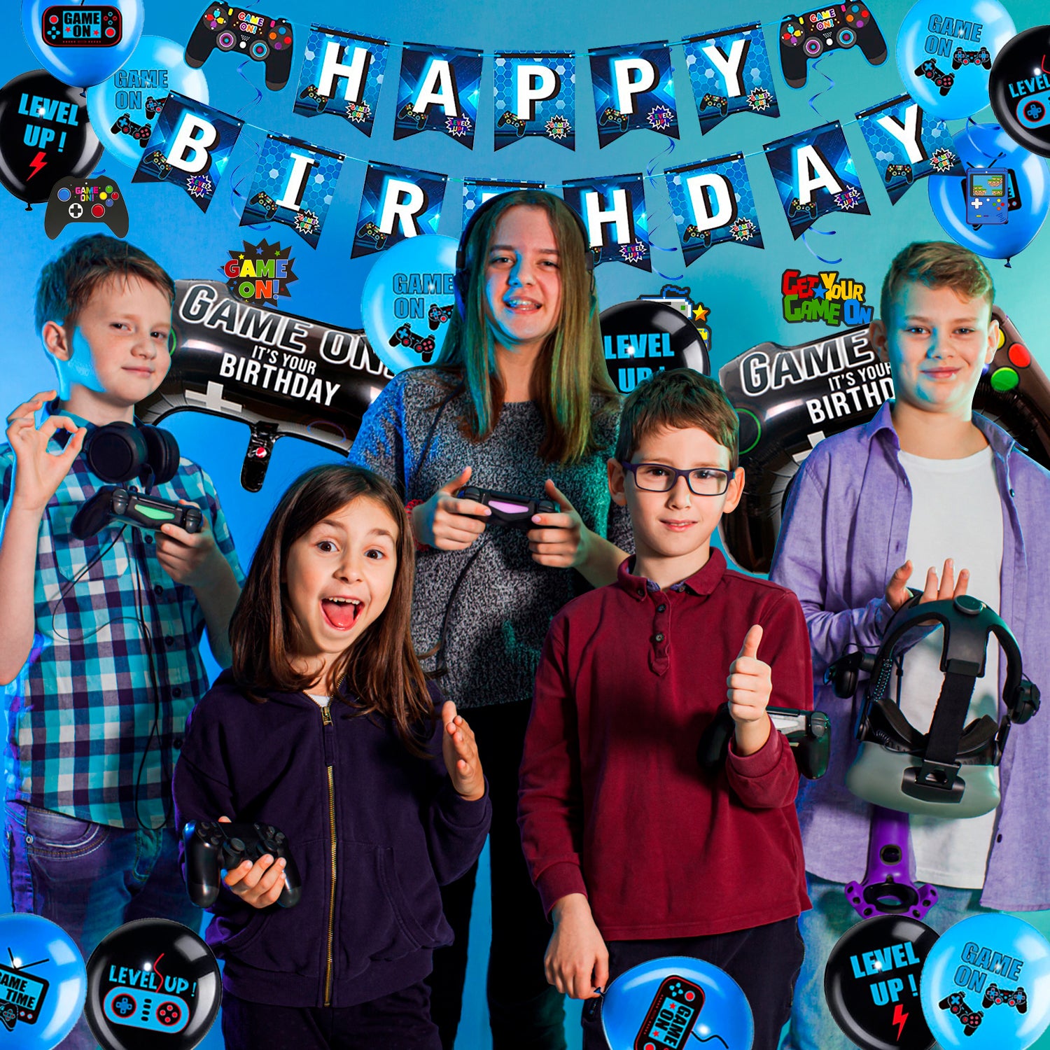 Video Game Birthday Decorations for 16 Guests, Video Game Party Decorations Tableware Set, Video Gaming Party Plates Cups Napkins Tablecloth Balloons Banner Hanging Swirls etc Video Gamer Party Supplies (Blue)