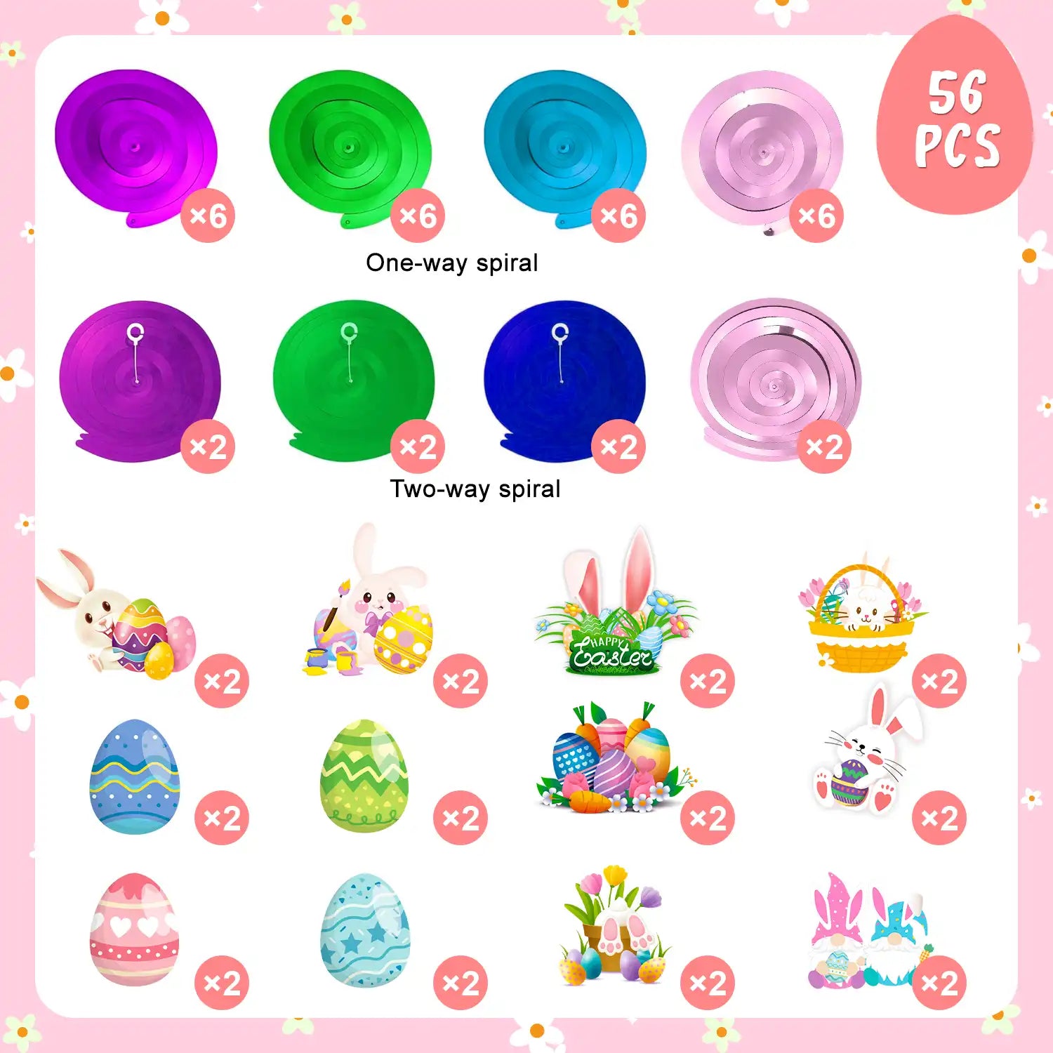 Easter Hanging Swirl Decorations, 56 Pcs Easter Party Hanging Swirls, Easter Bunny Hanging Swirls & Easter Foil Swirl Decorations for Easter Party Decorations & Happy Easter Decorations