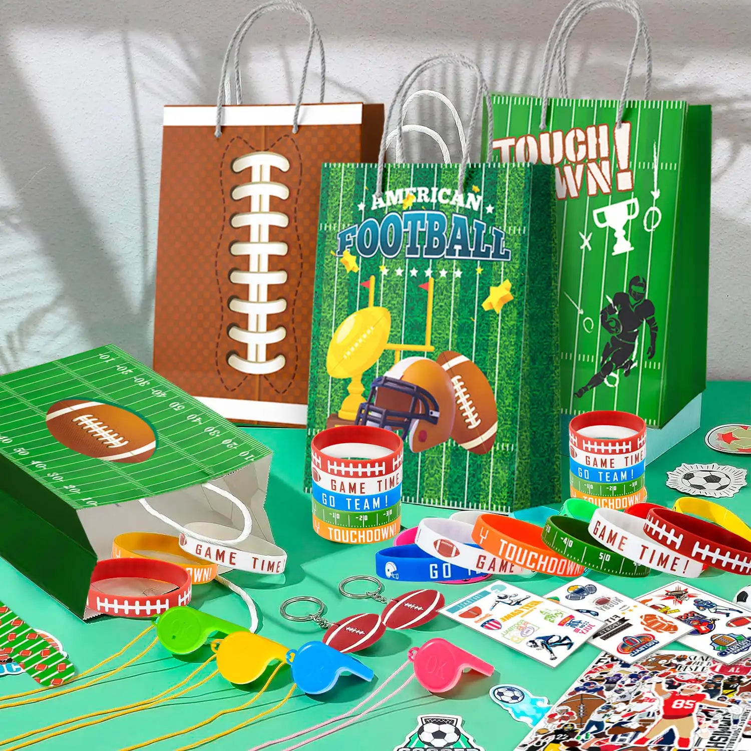 Football Party Favors for Kids,122pcs All-In-One Football Themed Party Favors Set - Football Party Bags, Football Keychains Bracelets Stickers Whistle etc Rugby Party Favors for Football Party Decor