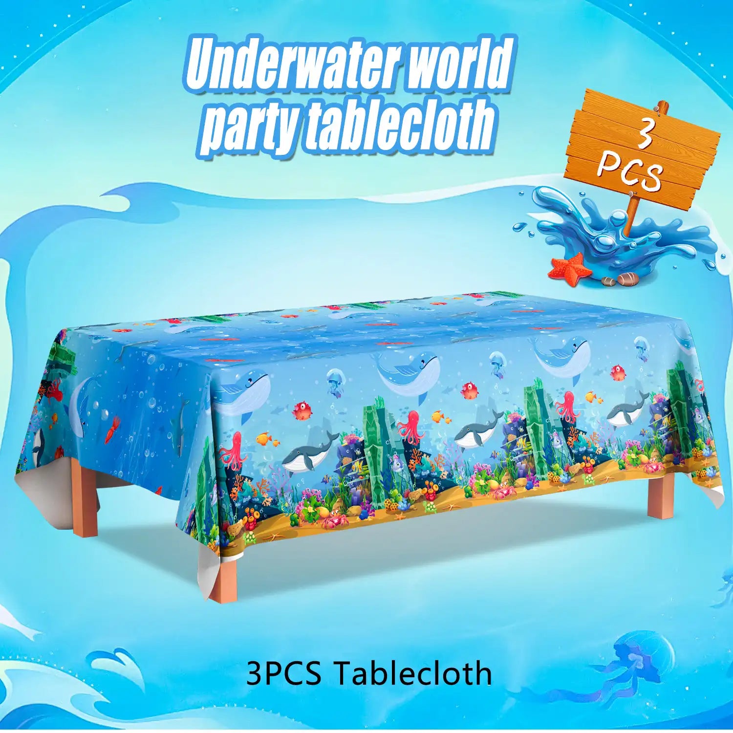Under The Sea Tablecloth, 3 Pcs Sea Animal Table Cloth Set - Underwater Creatures Tablecloth, Under The Sea Party Tablecloth & Ocean Table Cloth, for Under The Sea Party Decorations Supplies
