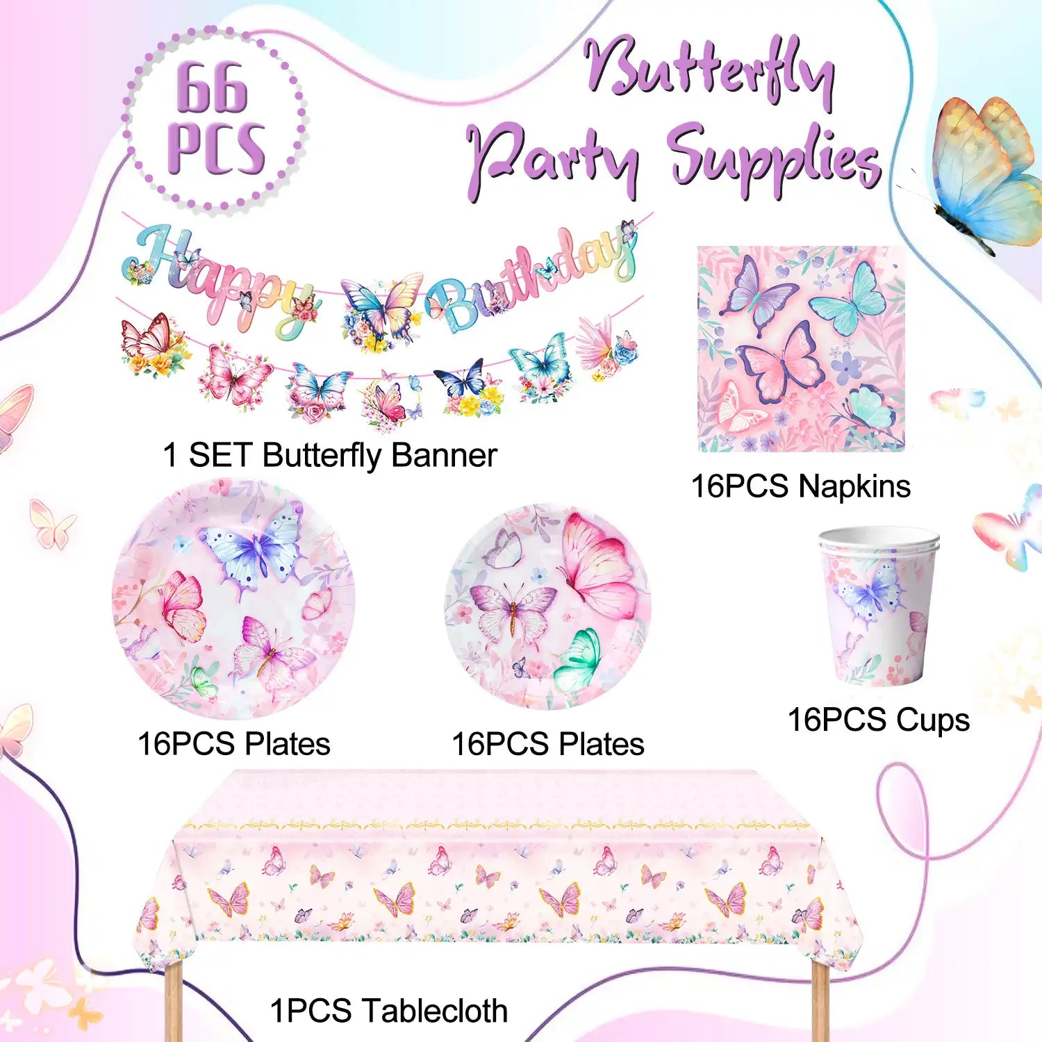 Butterfly Birthday Party Supplies, Butterfly Plates and Napkins Party Supplies - Butterfly Party Plates Napkins Cups Tablecloth & Butterfly Birthday Decorations Banner for Butterfly Theme Party Decor