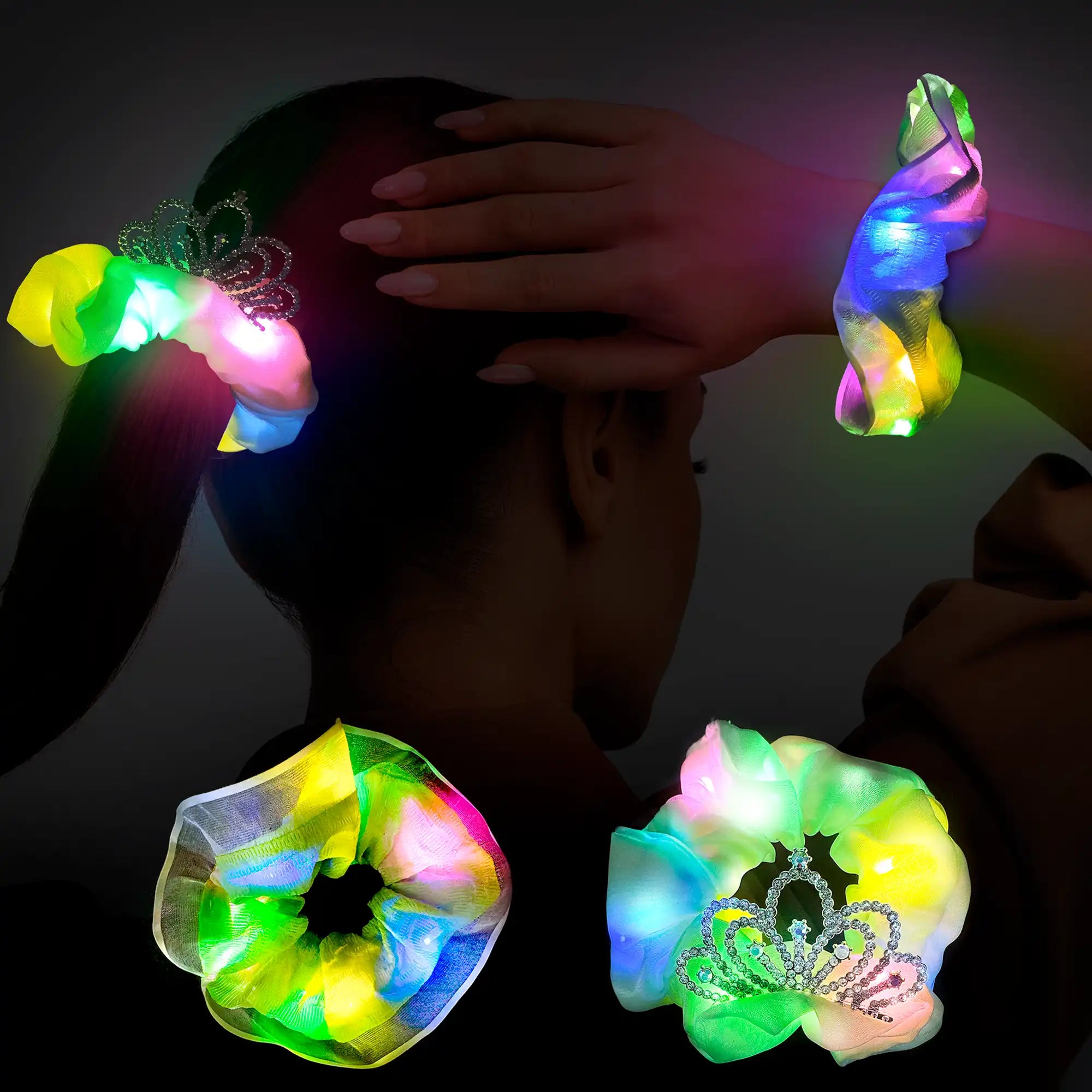 Light Up Scrunchies with Crown, 2 Pcs Glow Scrunchies Set - Glow in The Dark Scrunchies, Led Light Up Hair Scrunchies & Glow in The Dark Hair Ties, for Girls/Women Led Light Up Hair Accessories(Green)