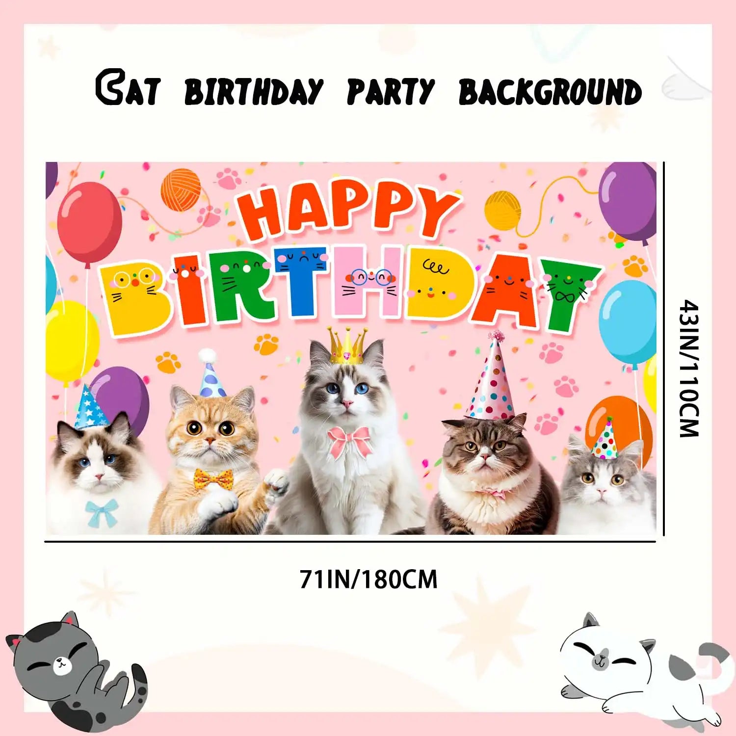 Cat Party Decorations, 71'' x 43'' Cat Birthday Backdrop Cat Happy Birthday Banner Cat Party Backdrop Cat Themed Birthday Party Backdrop, Cat Party Background for Cat Birthday Party Decorations