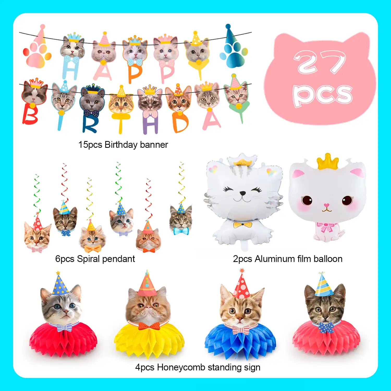 Cat Birthday Party Decorations, 27 Pcs Cat Birthday Decorations Set - Cat Themed Birthday Banner Balloon & Cat Swirl Decorations etc Cat Party Decorations for Cat Themed Birthday Party Supplies