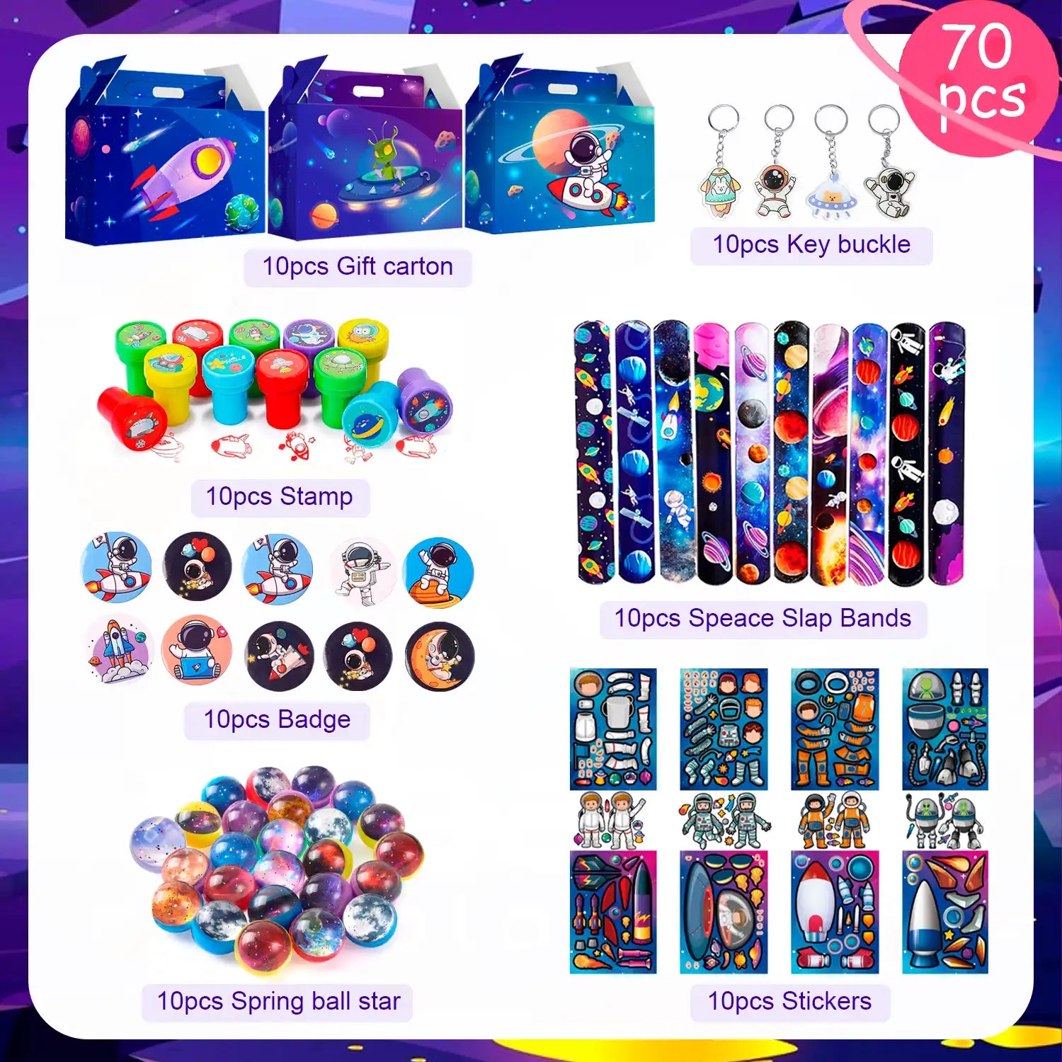 Space Party Favors - 70pcs Space Themed Party Favors, Space Birthday Decorations Includ Space Goodie Bags Stamp Slap Bracelet etc Space Birthday Party Favors for Space Themed Birthday Party Supplies