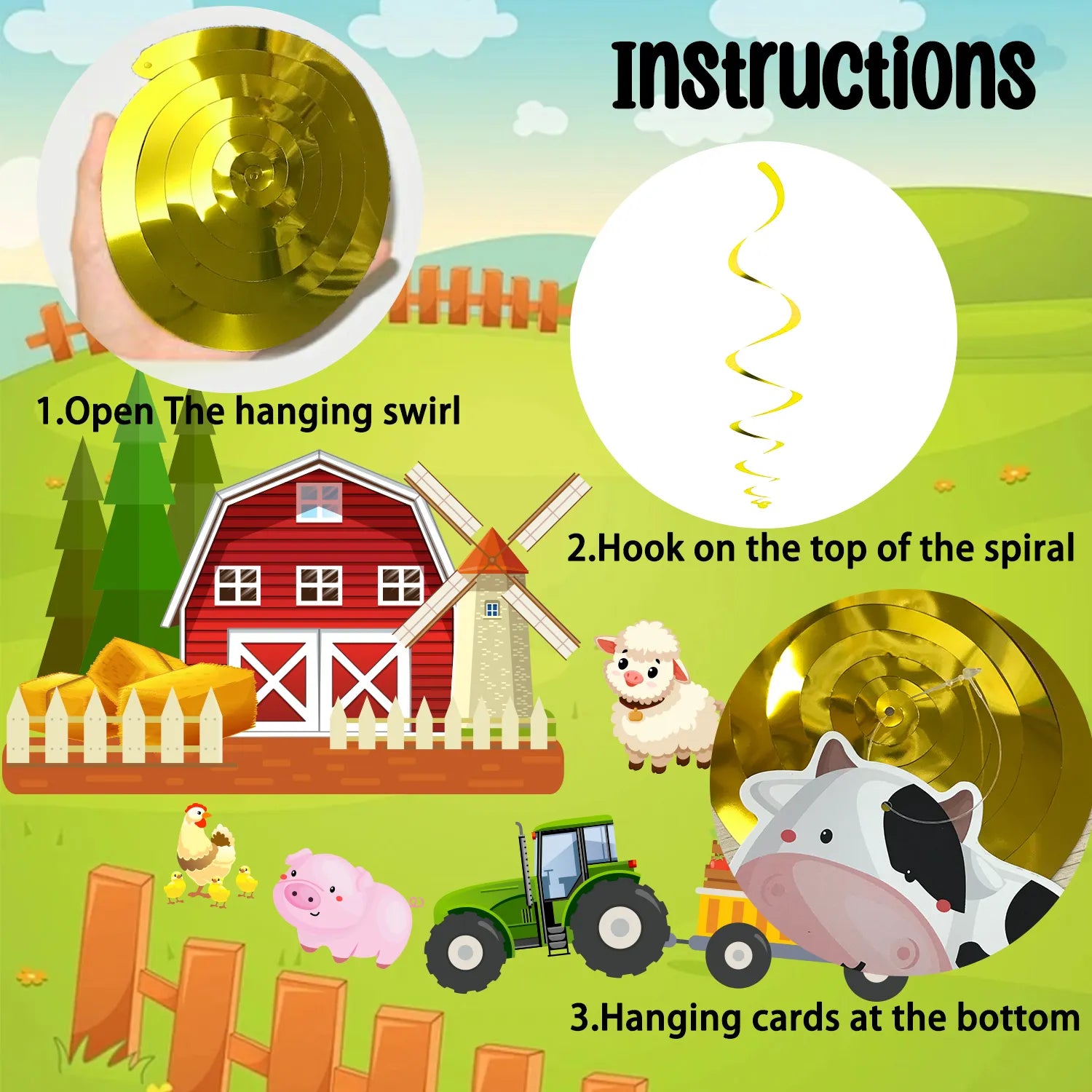 Farm Birthday Hanging Swirls for Farm Animals Party Decorations, 29pcs Barnyard Hanging Swirl/Farm Animal Hanging Foil Swirls/Farmhouse Hanging Swirls for Barnyard Theme Birthday Party Supplies