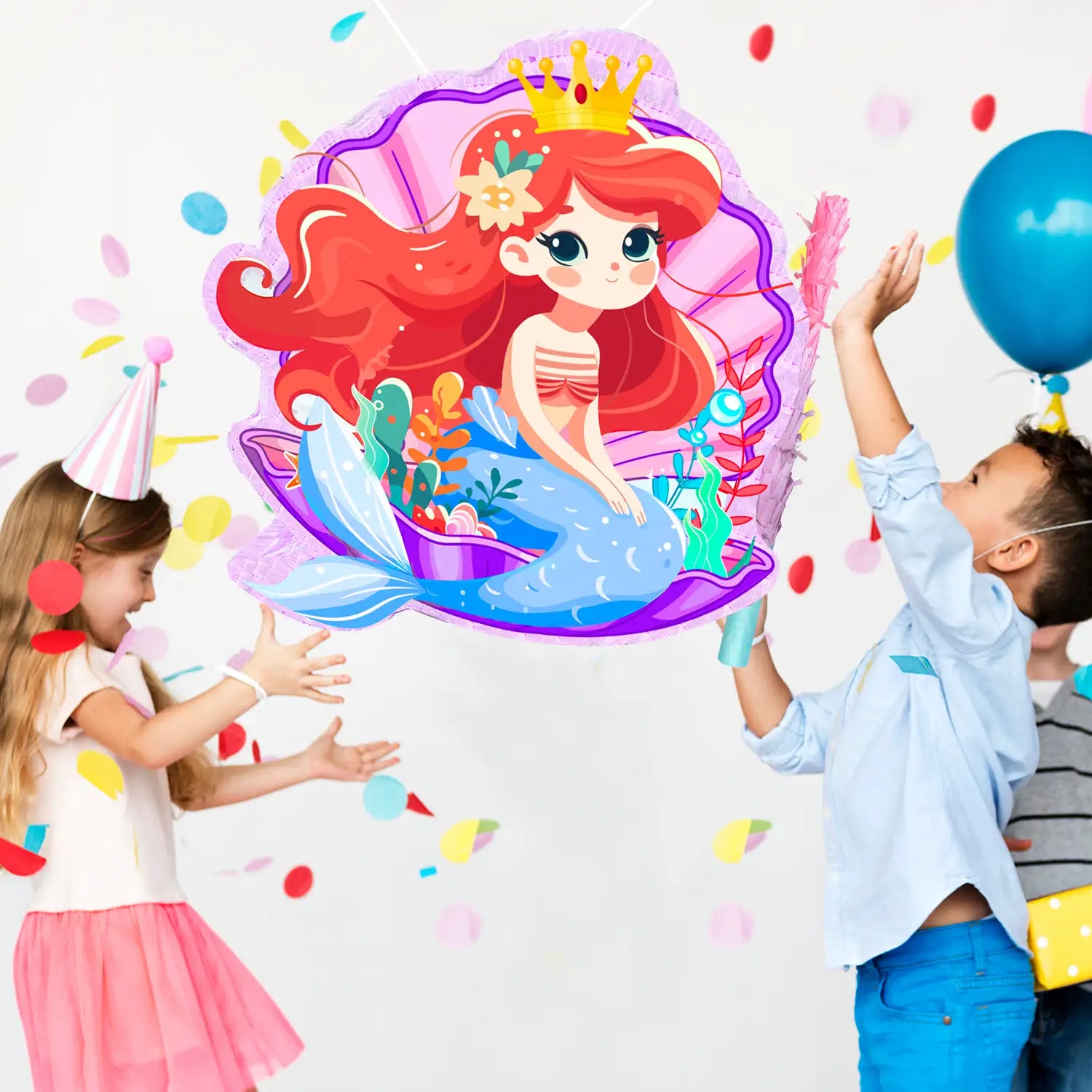 Mermaid Pinatas for Birthday Party Girl, 4-in-1 Mermaid Party Pinata with Stick Confetti and Blindfold for Mermaid Birthday Decorations, Sea Mermaid Theme Birthday Party Carnival Activity