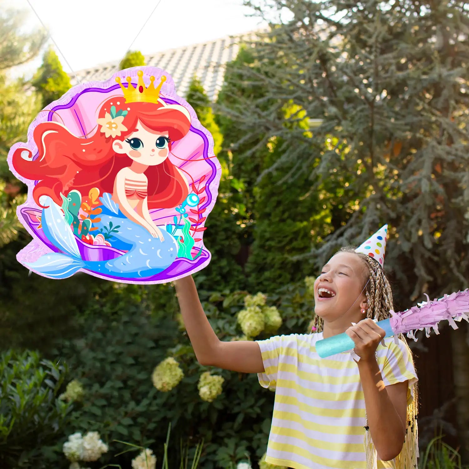 Mermaid Pinatas for Birthday Party Girl, 4-in-1 Mermaid Party Pinata with Stick Confetti and Blindfold for Mermaid Birthday Decorations, Sea Mermaid Theme Birthday Party Carnival Activity