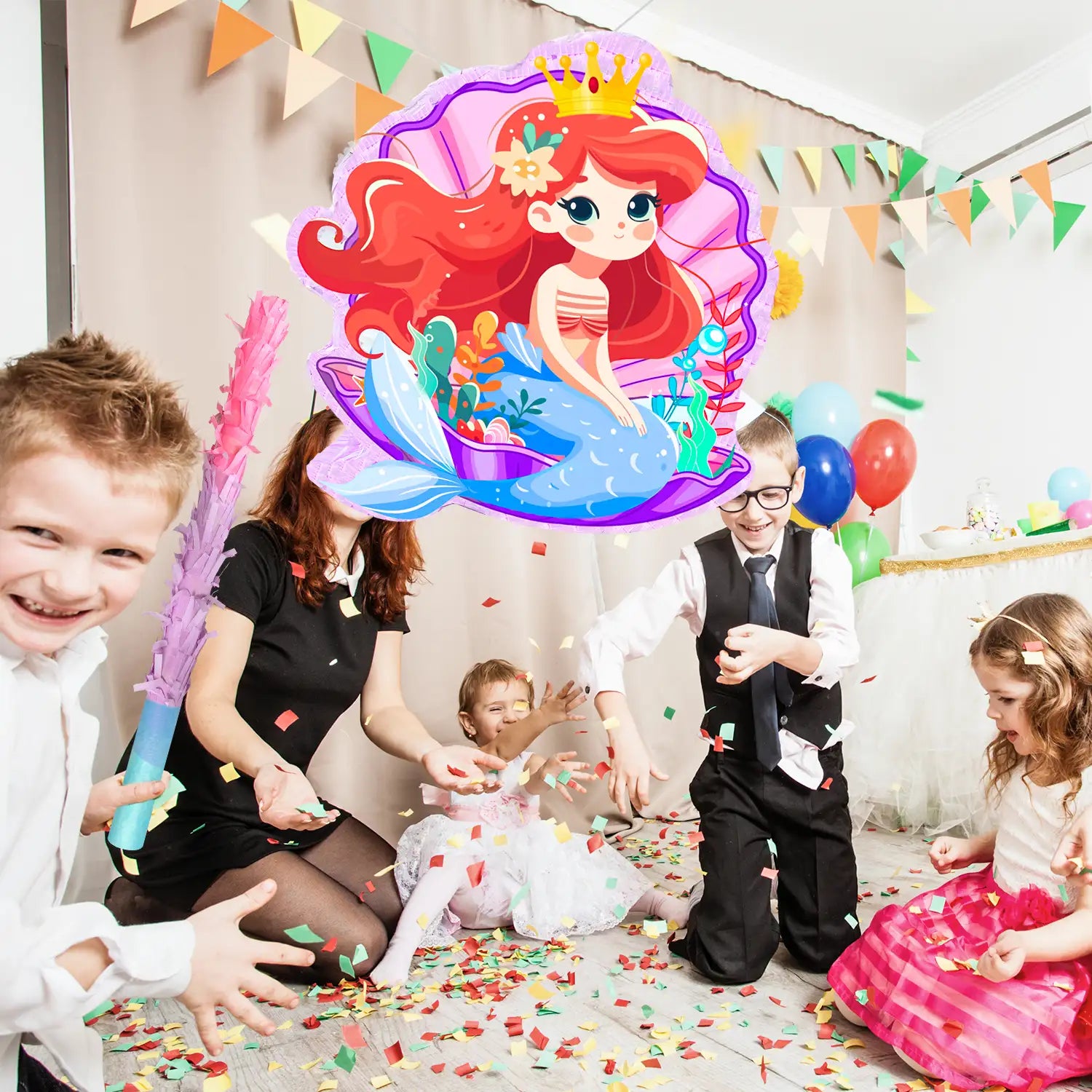 Mermaid Pinatas for Birthday Party Girl, 4-in-1 Mermaid Party Pinata with Stick Confetti and Blindfold for Mermaid Birthday Decorations, Sea Mermaid Theme Birthday Party Carnival Activity