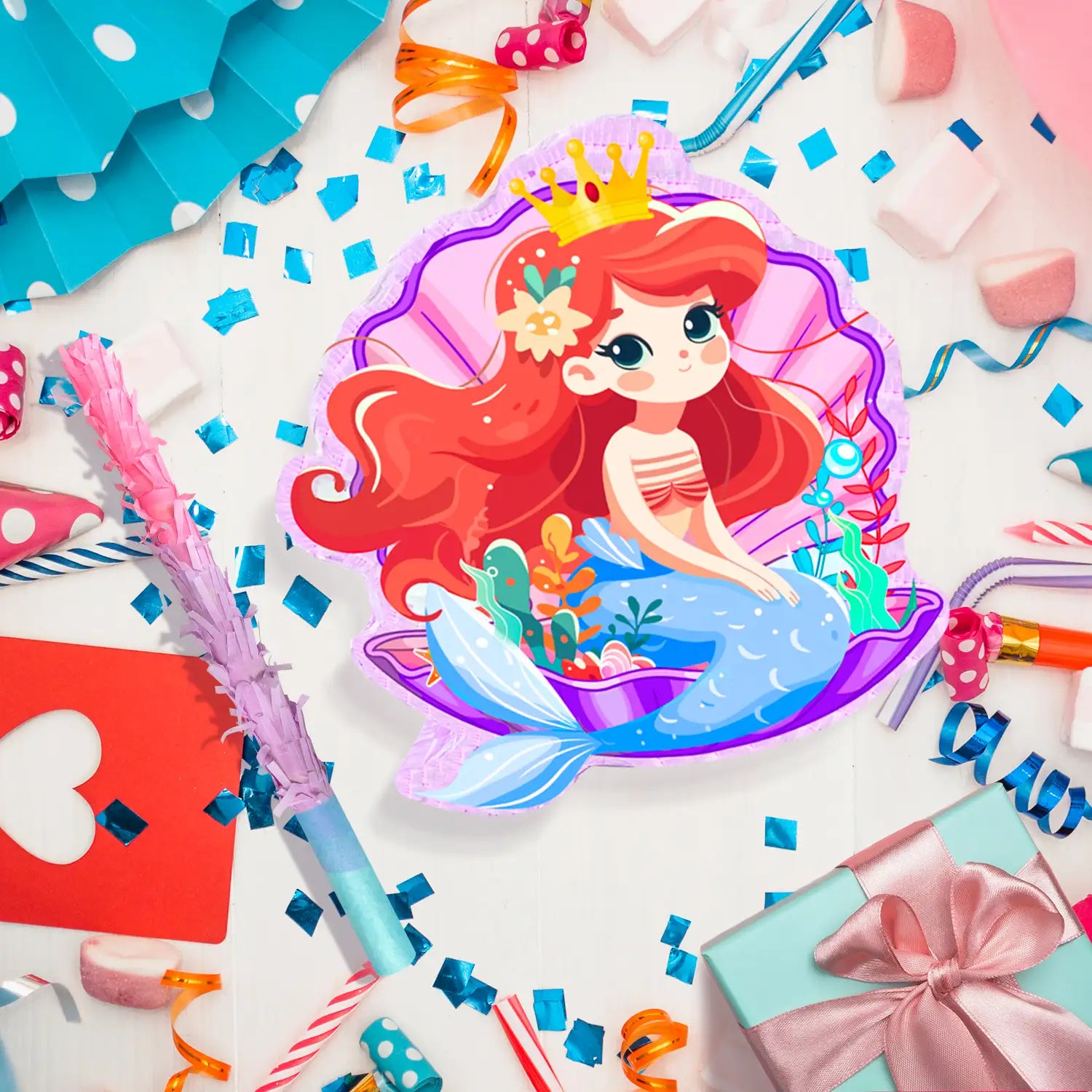 Mermaid Pinatas for Birthday Party Girl, 4-in-1 Mermaid Party Pinata with Stick Confetti and Blindfold for Mermaid Birthday Decorations, Sea Mermaid Theme Birthday Party Carnival Activity