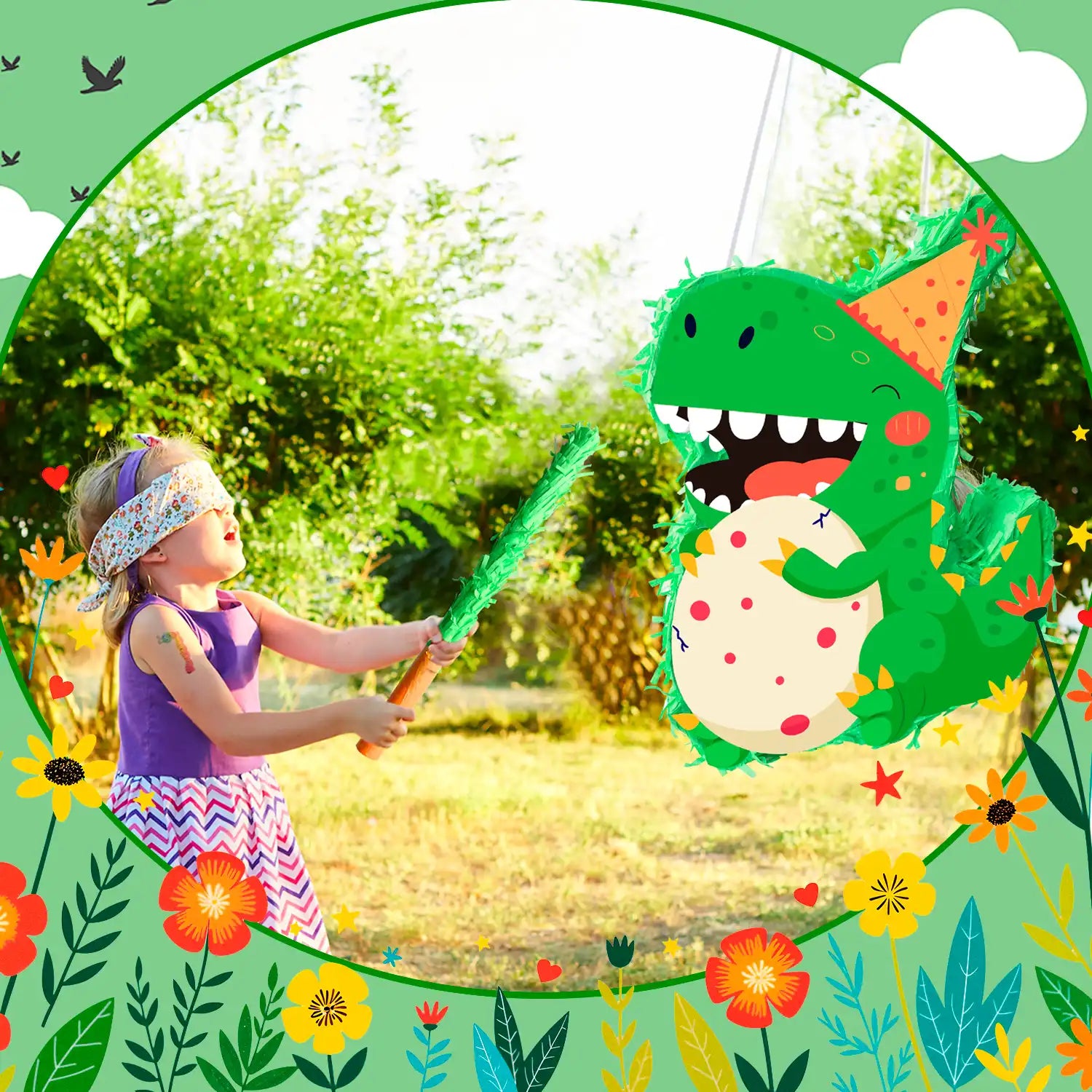 Dinosaur Piñata, 15.7'' Dino Themed Party Pinata Bundle - Dino Piñata Large, Dinosaur Party Decorations Blindfold & Dinosaur Birthday Party Stick etc Dinosaur Birthday Party Supplies for Boys Girls