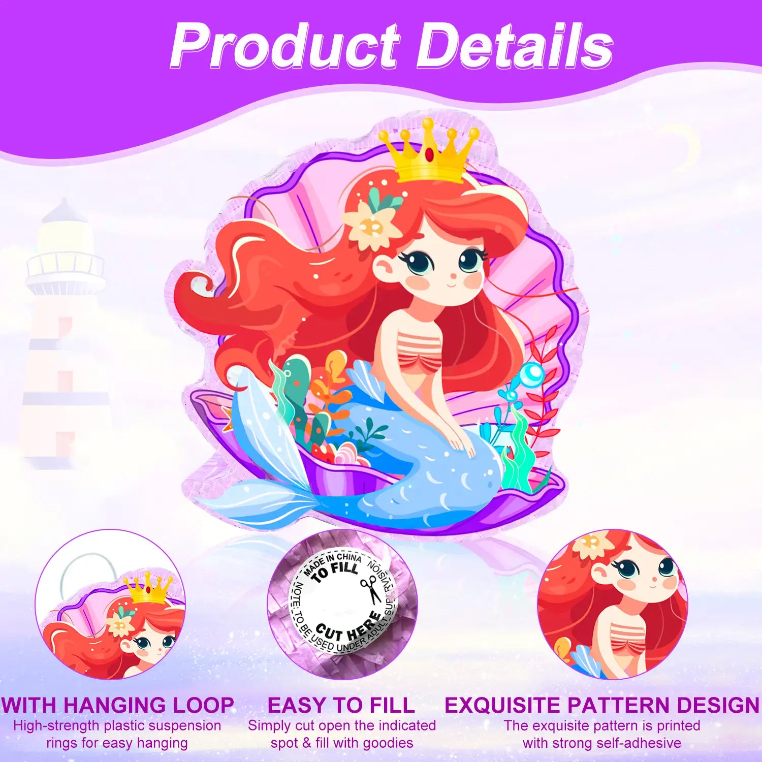 Mermaid Pinatas for Birthday Party Girl, 4-in-1 Mermaid Party Pinata with Stick Confetti and Blindfold for Mermaid Birthday Decorations, Sea Mermaid Theme Birthday Party Carnival Activity
