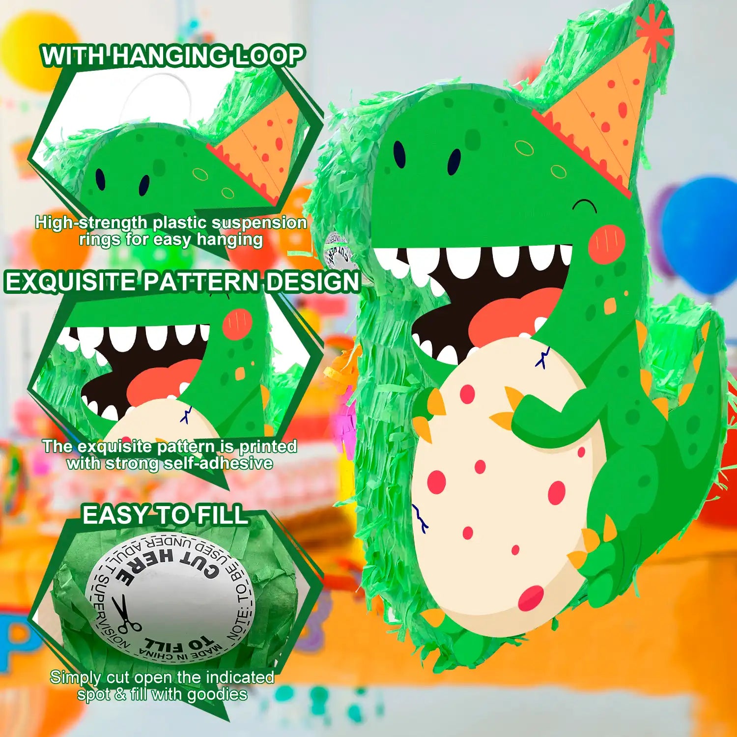 Dinosaur Piñata, 15.7'' Dino Themed Party Pinata Bundle - Dino Piñata Large, Dinosaur Party Decorations Blindfold & Dinosaur Birthday Party Stick etc Dinosaur Birthday Party Supplies for Boys Girls