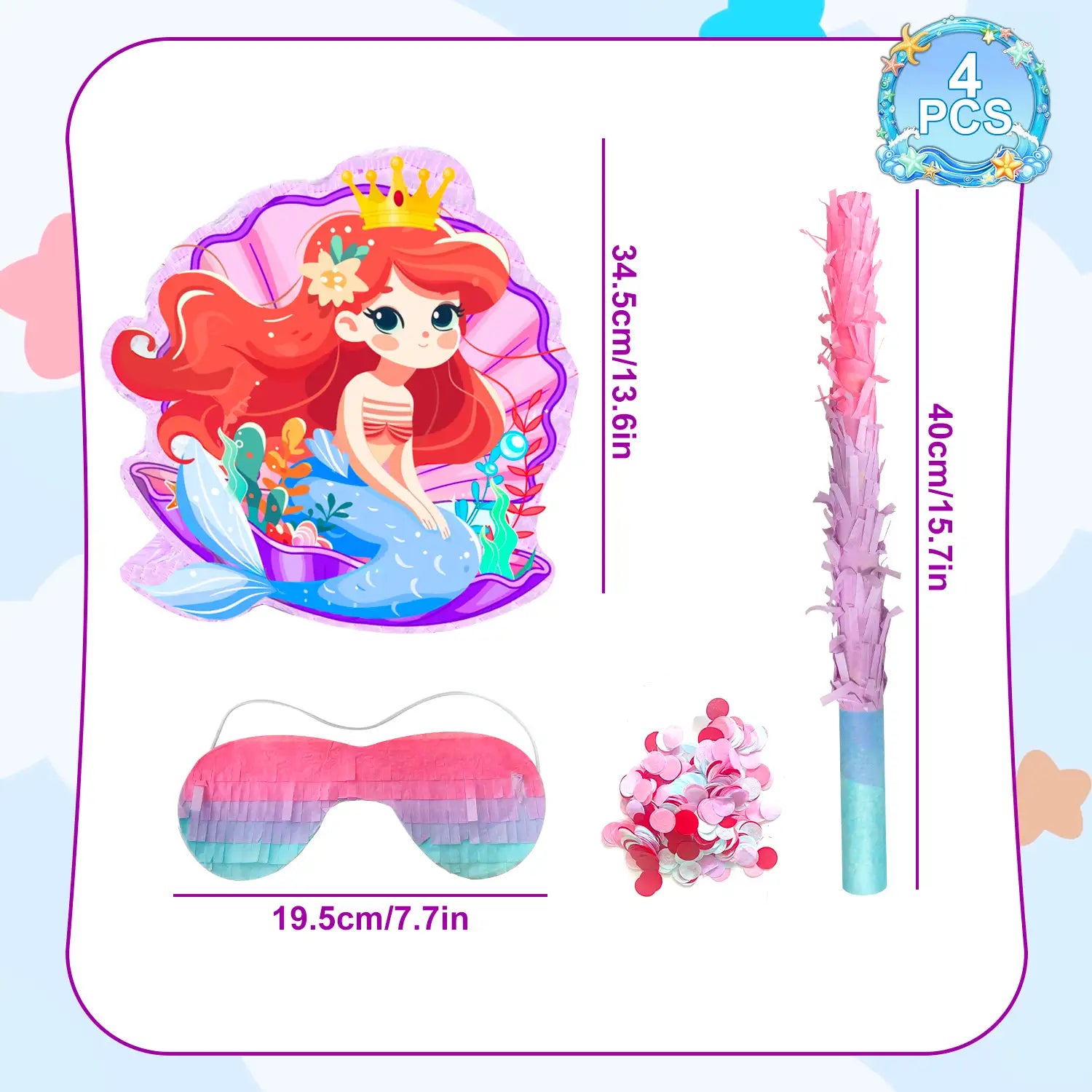 Mermaid Pinatas for Birthday Party Girl, 4-in-1 Mermaid Party Pinata with Stick Confetti and Blindfold for Mermaid Birthday Decorations, Sea Mermaid Theme Birthday Party Carnival Activity