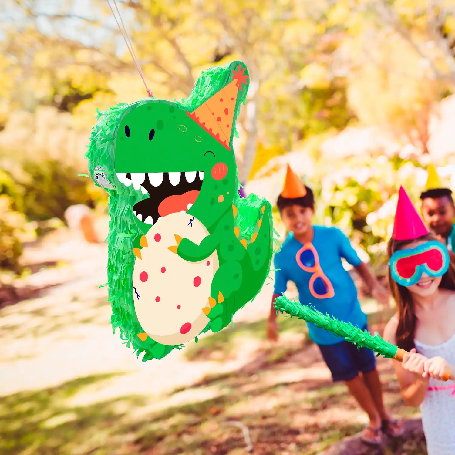 Dinosaur Piñata, 15.7'' Dino Themed Party Pinata Bundle - Dino Piñata Large, Dinosaur Party Decorations Blindfold & Dinosaur Birthday Party Stick etc Dinosaur Birthday Party Supplies for Boys Girls