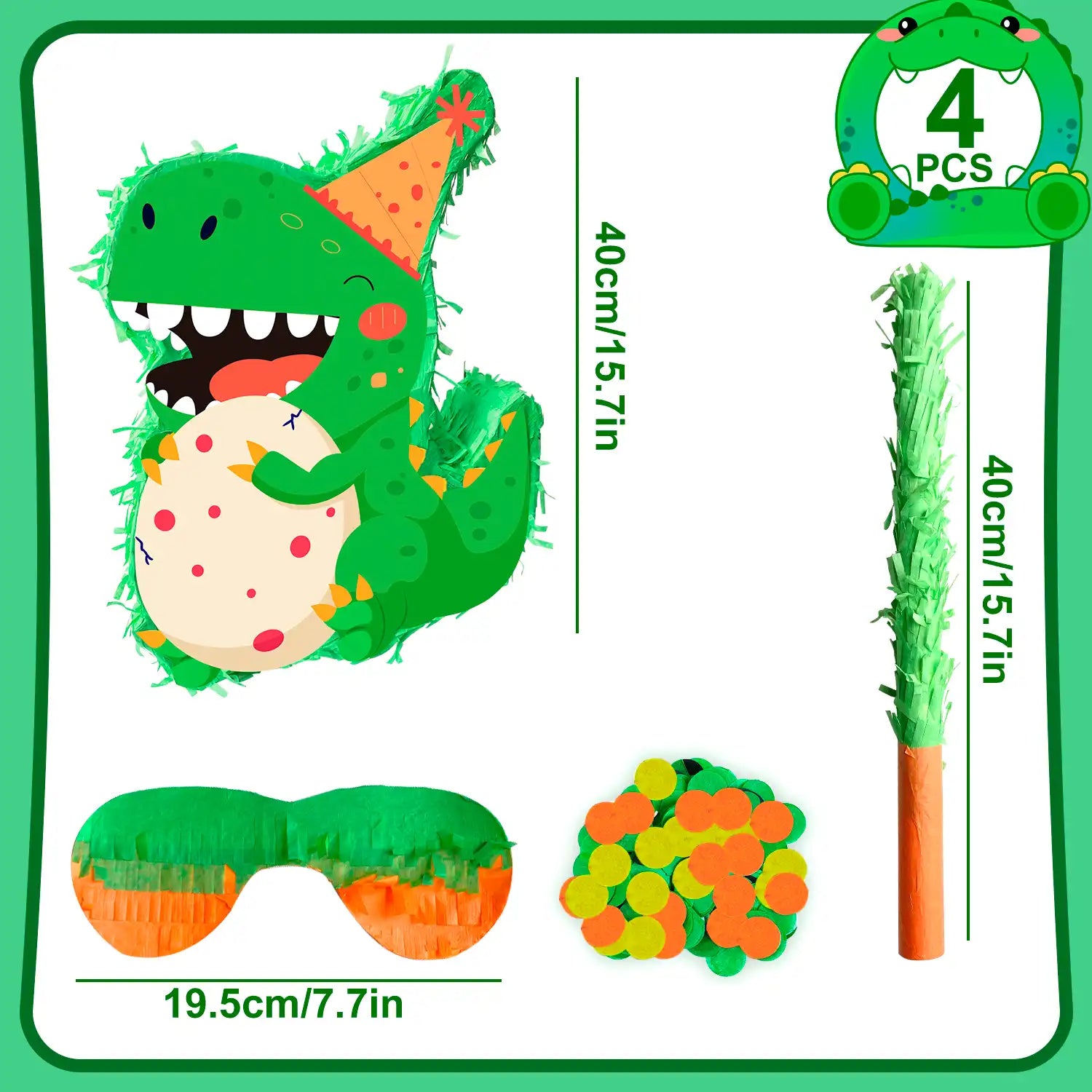Dinosaur Piñata, 15.7'' Dino Themed Party Pinata Bundle - Dino Piñata Large, Dinosaur Party Decorations Blindfold & Dinosaur Birthday Party Stick etc Dinosaur Birthday Party Supplies for Boys Girls