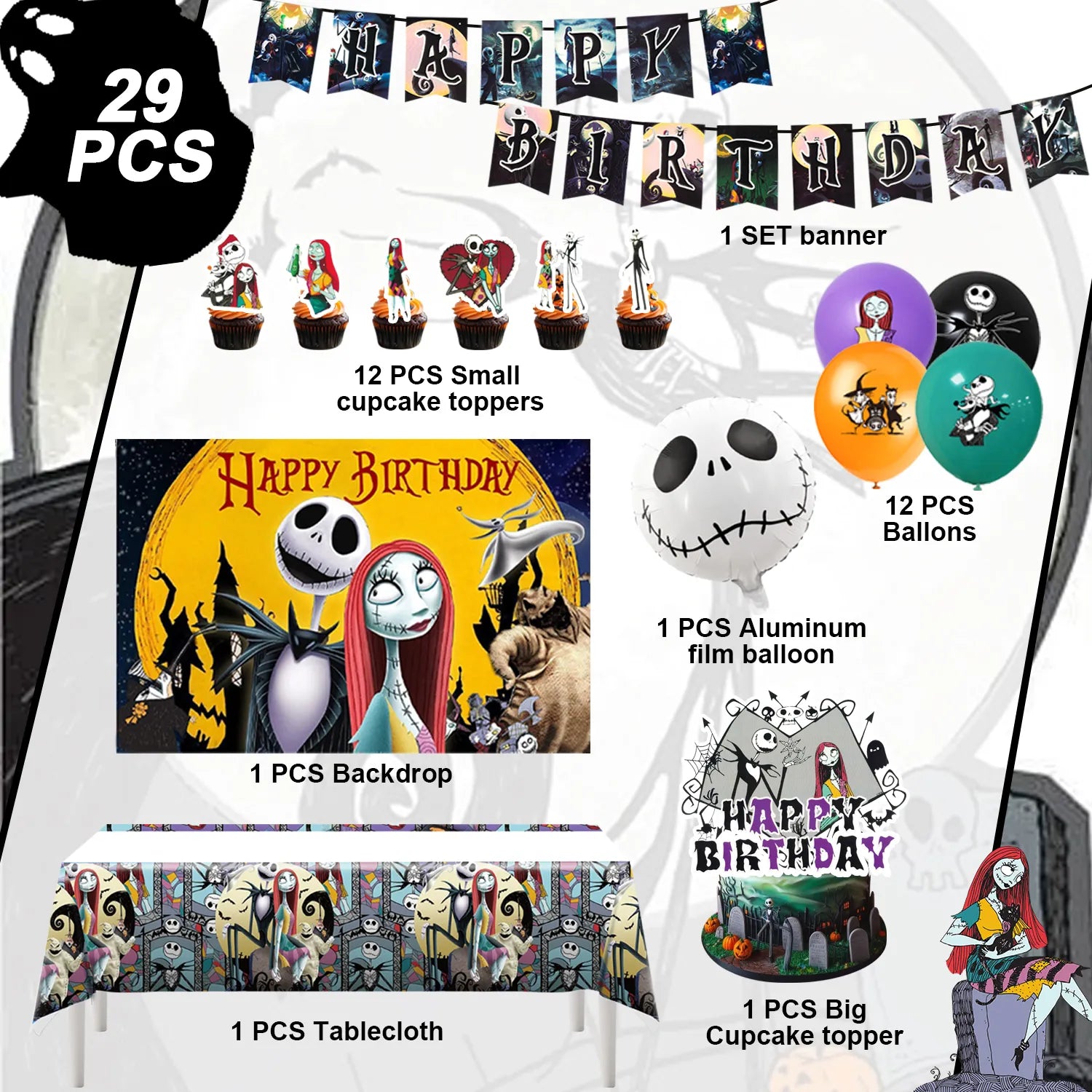 The Nightmare Before Christmas Party Decorations Kits - 29Pcs The Nightmare Before Christmas Banners Backdrop Tablecloth and  Balloons Cake Toppers etc. Christmas Party Supplies