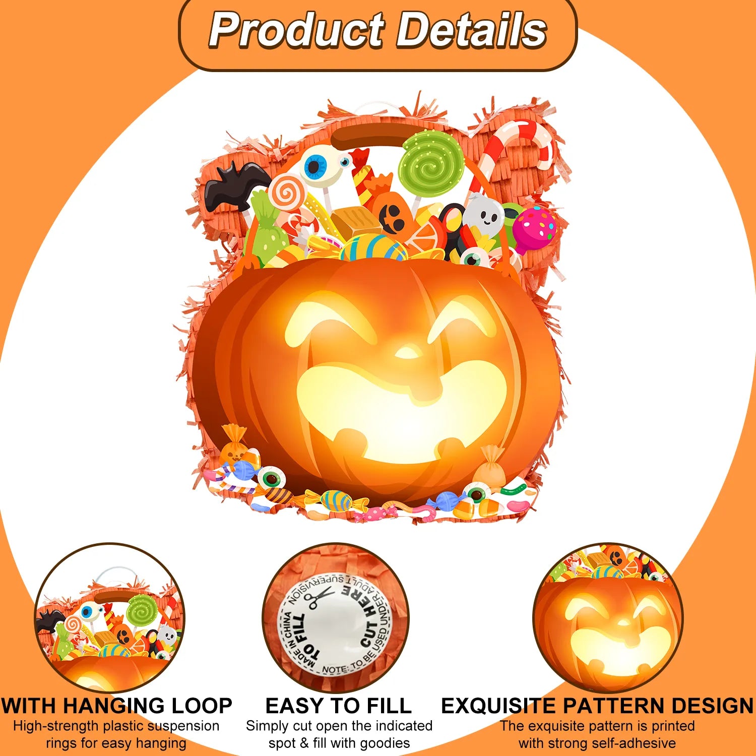 Halloween Piñata, Halloween Pumpkin Piñata with Stick & Stickers Blindfold and Confetti, Happy Halloween Decorations Pinata for Halloween Party Decorations, Halloween Games for Kids Party