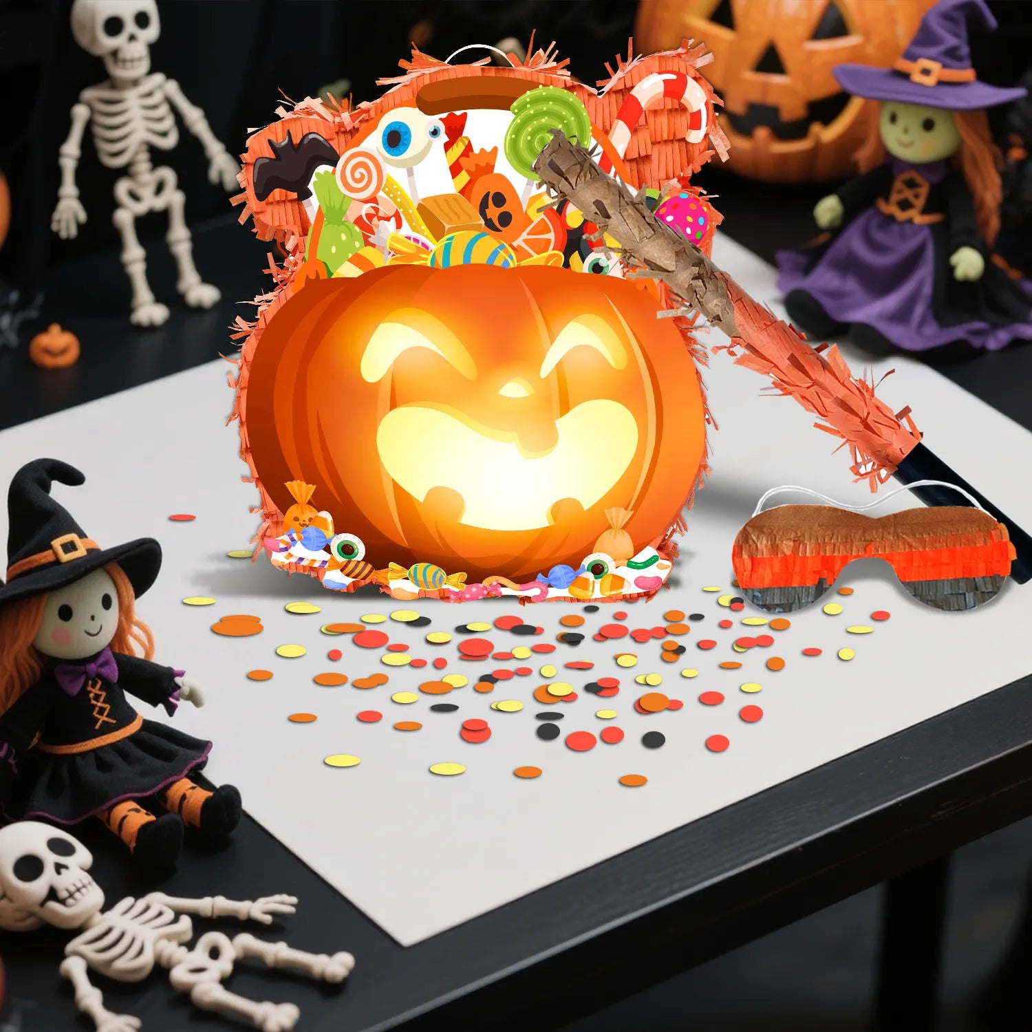 Halloween Piñata, Halloween Pumpkin Piñata with Stick & Stickers Blindfold and Confetti, Happy Halloween Decorations Pinata for Halloween Party Decorations, Halloween Games for Kids Party