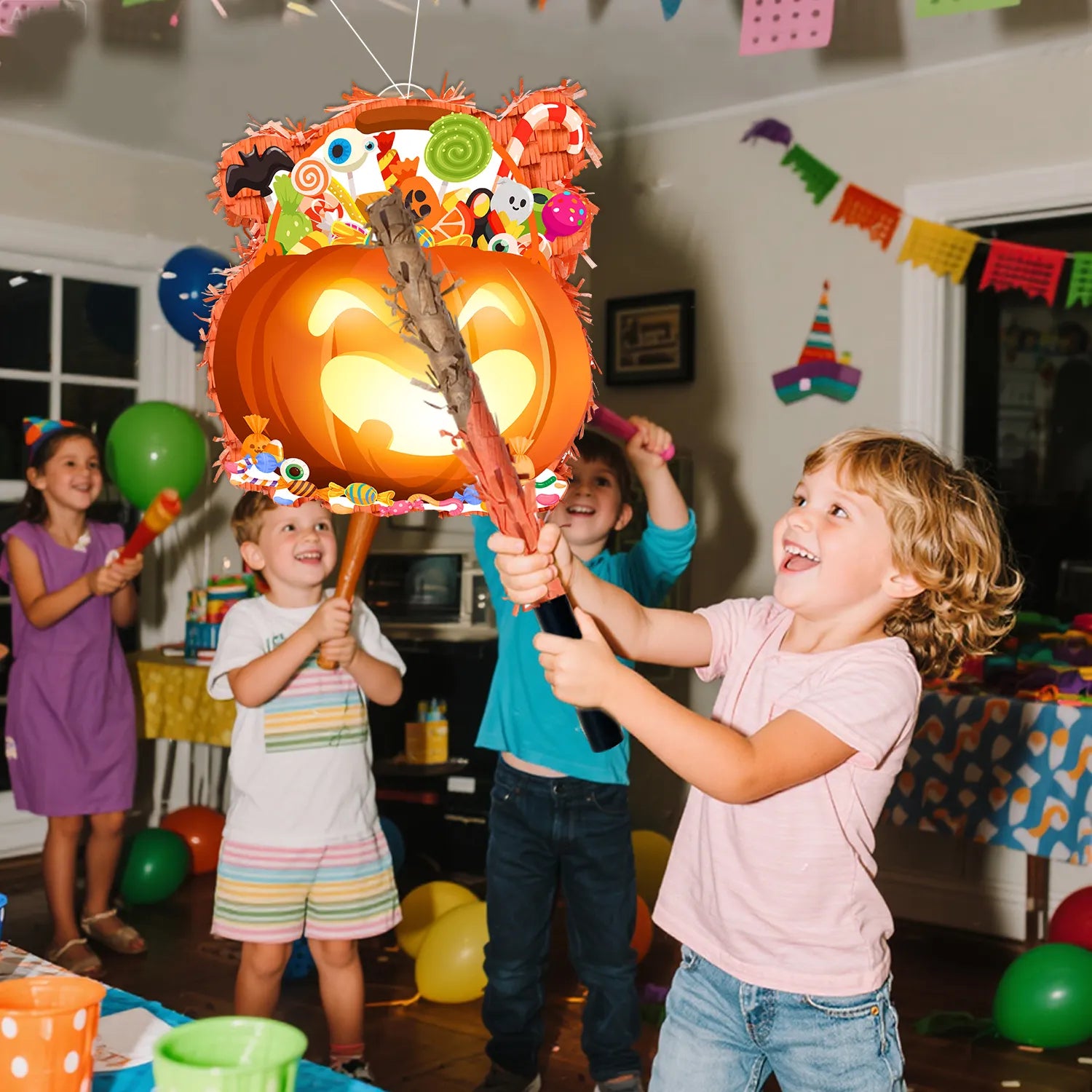 Halloween Piñata, Halloween Pumpkin Piñata with Stick & Stickers Blindfold and Confetti, Happy Halloween Decorations Pinata for Halloween Party Decorations, Halloween Games for Kids Party