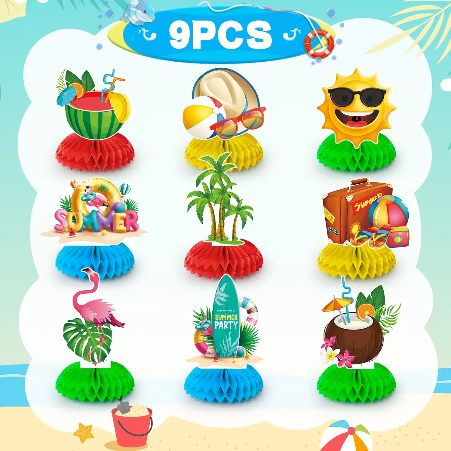 Summer Party Honeycomb Centerpieces - 9pcs summer party decorations honeycomb, beach summer honeycomb centerpiece & beach party centerpiece decorationsfor Summer Beach Party Decorations