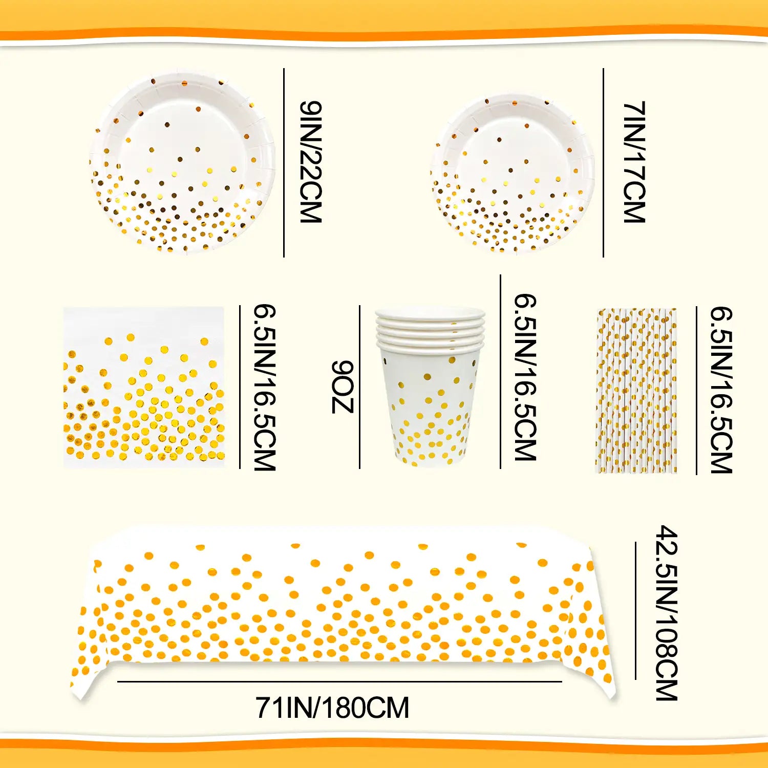 White and Gold Party Supplies 24 Guests/Serves 24 Disposable Dinnerware Set, Golden Dot Paper Plates Cups Straw Tablecloth Gold Plastic Forks Knives Spoons for Graduation, Birthday, Holiday (White)