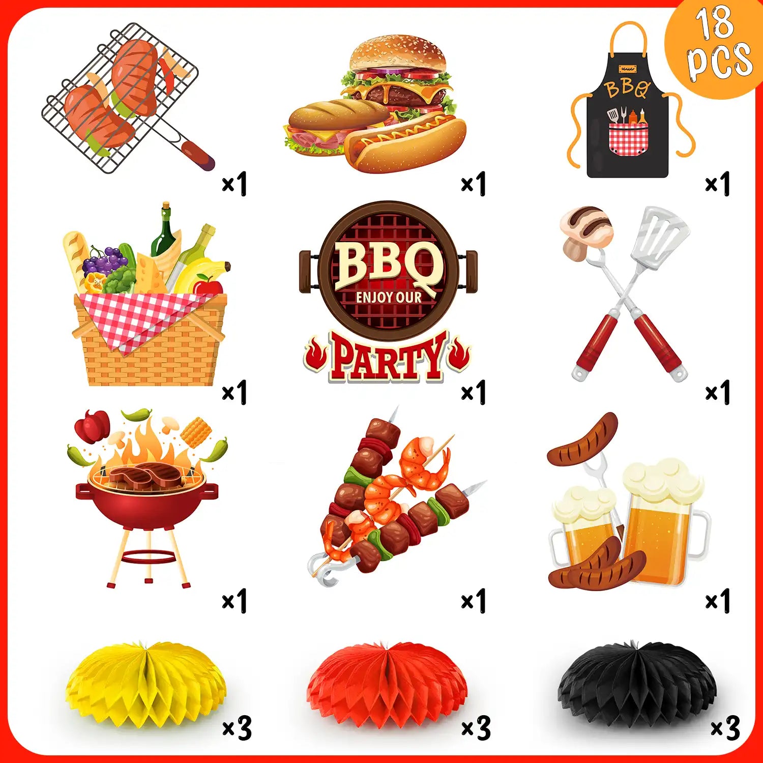 9pcs BBQ Baby Shower Centerpieces, Summer BBQ Centerpieces Summer BBQ Table Decor BBQ Theme Honeycomb Centerpieces for Picnic Party Decorations Supplies Summer Barbecue Holidays Supplies