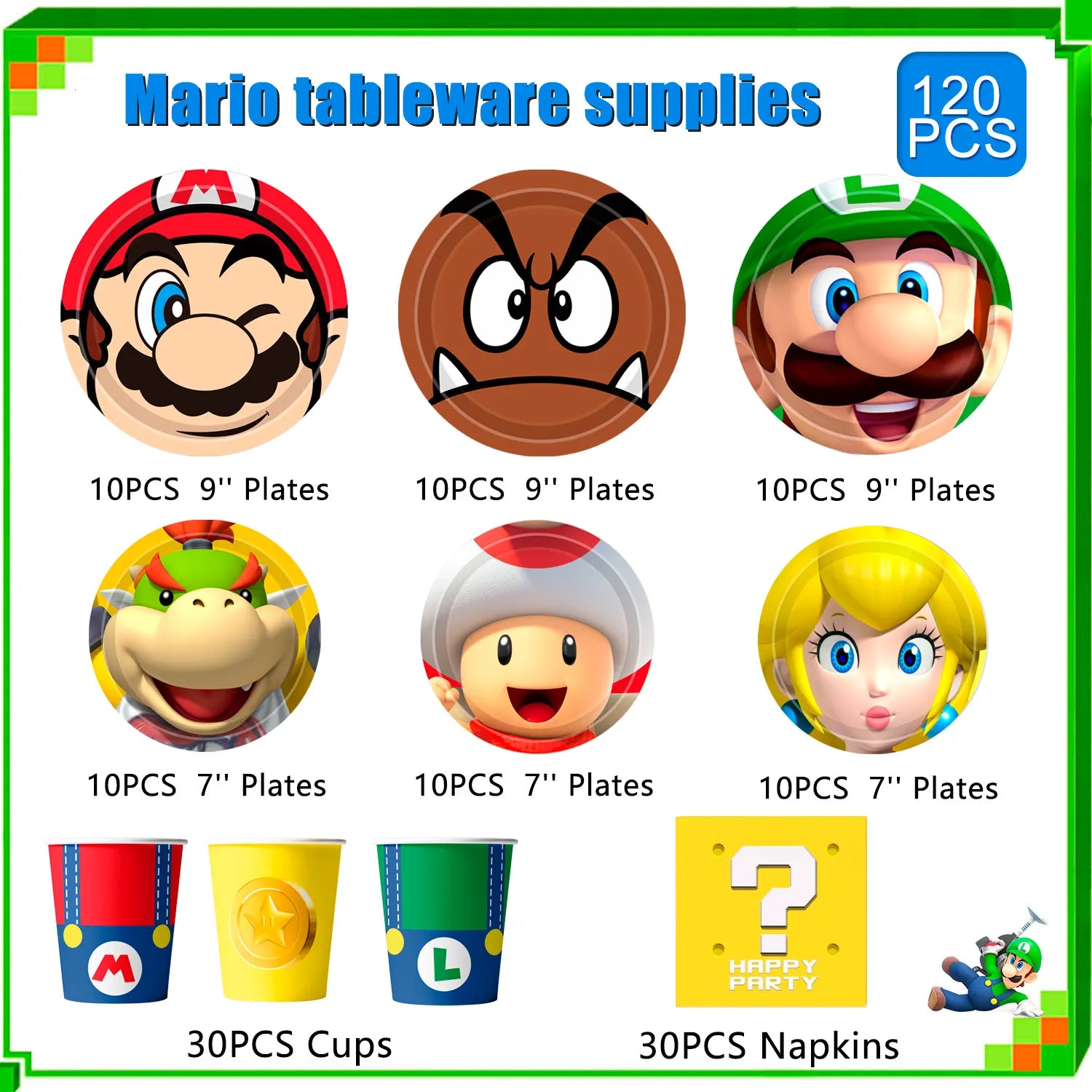 Mario Birthday Decorations Tableware,120pcs Mario Plates and Napkins Set- 30pcs 9''Mario Party Plates,30pcs 7''Super Mario Cake Plates and 30pcs Mario Napkins Cups for Mario Party Decorations Supplies