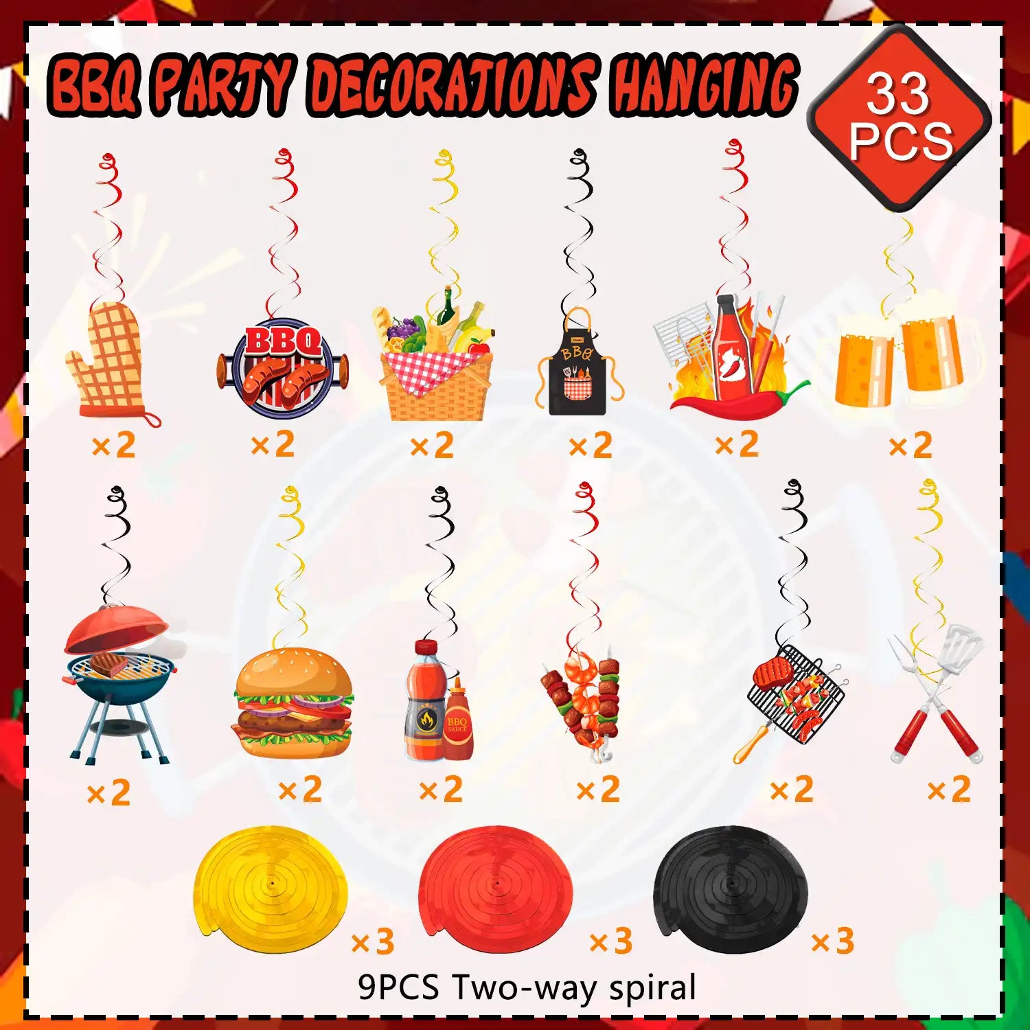 33pcs Summer Picnic Party Hanging Decor, Summer Bbq Hanging Swirls Picnic Birthday Hanging Swirl Barbecue Decor Swirls for Backyard Summer Bbq Party Supplies Decorations