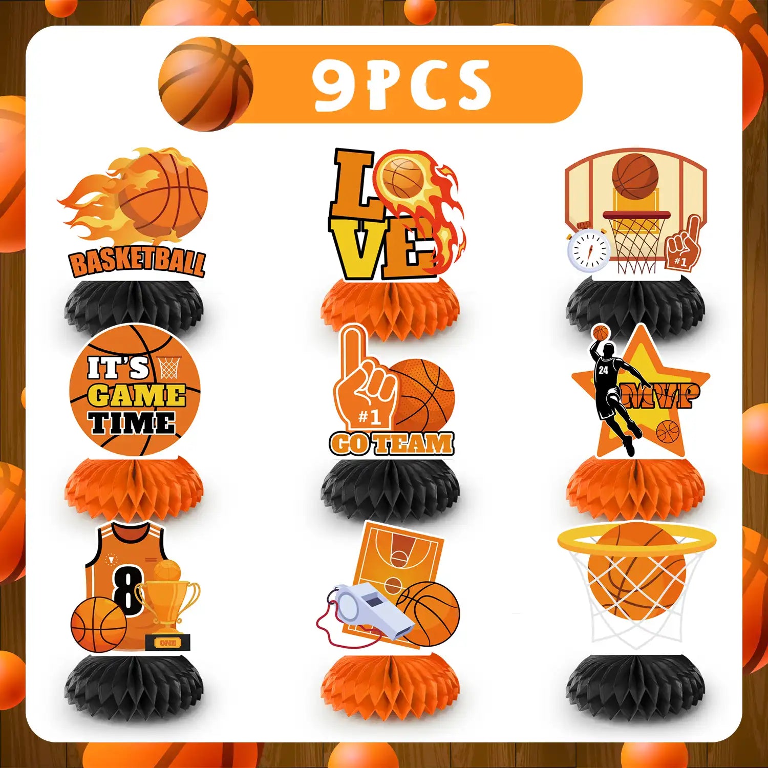 Basketball Honeycomb Centerpiece, 9pcs Basketball Birthday Honeycomb Centerpiece, Basketball Party Honeycomb Centerpieces & Basketball Centerpieces for Table, for Basketball Party Decorations Supplies