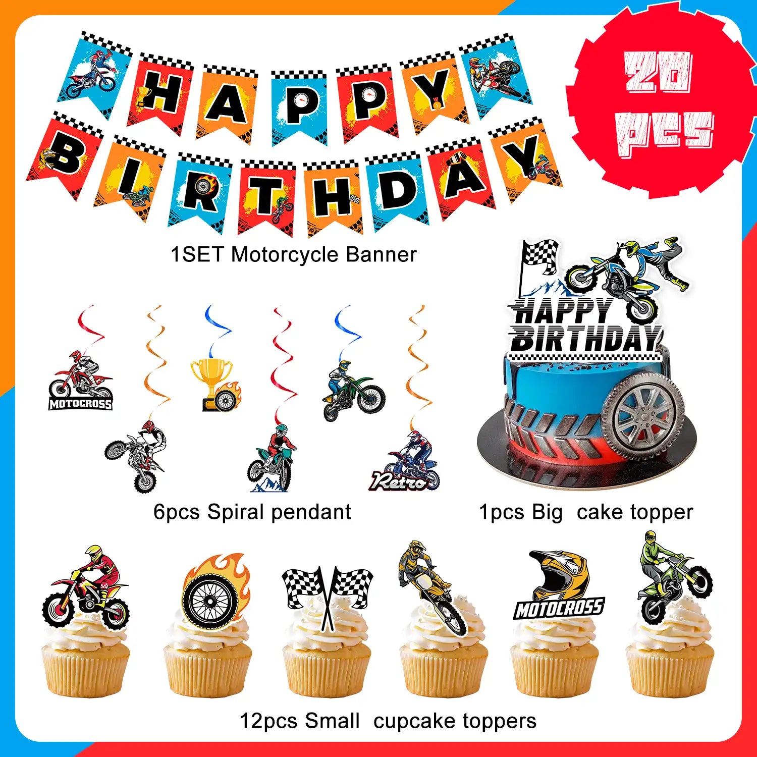 Dirt Bike Birthday Party Decorations, 20 Pcs Dirt Bike Party Supplies - Motorcycle Birthday Banner, Motocross Party Hangling Swirls & Dirt Bike Birthday Cake Topper etc Motorcycle Birthday Decorations