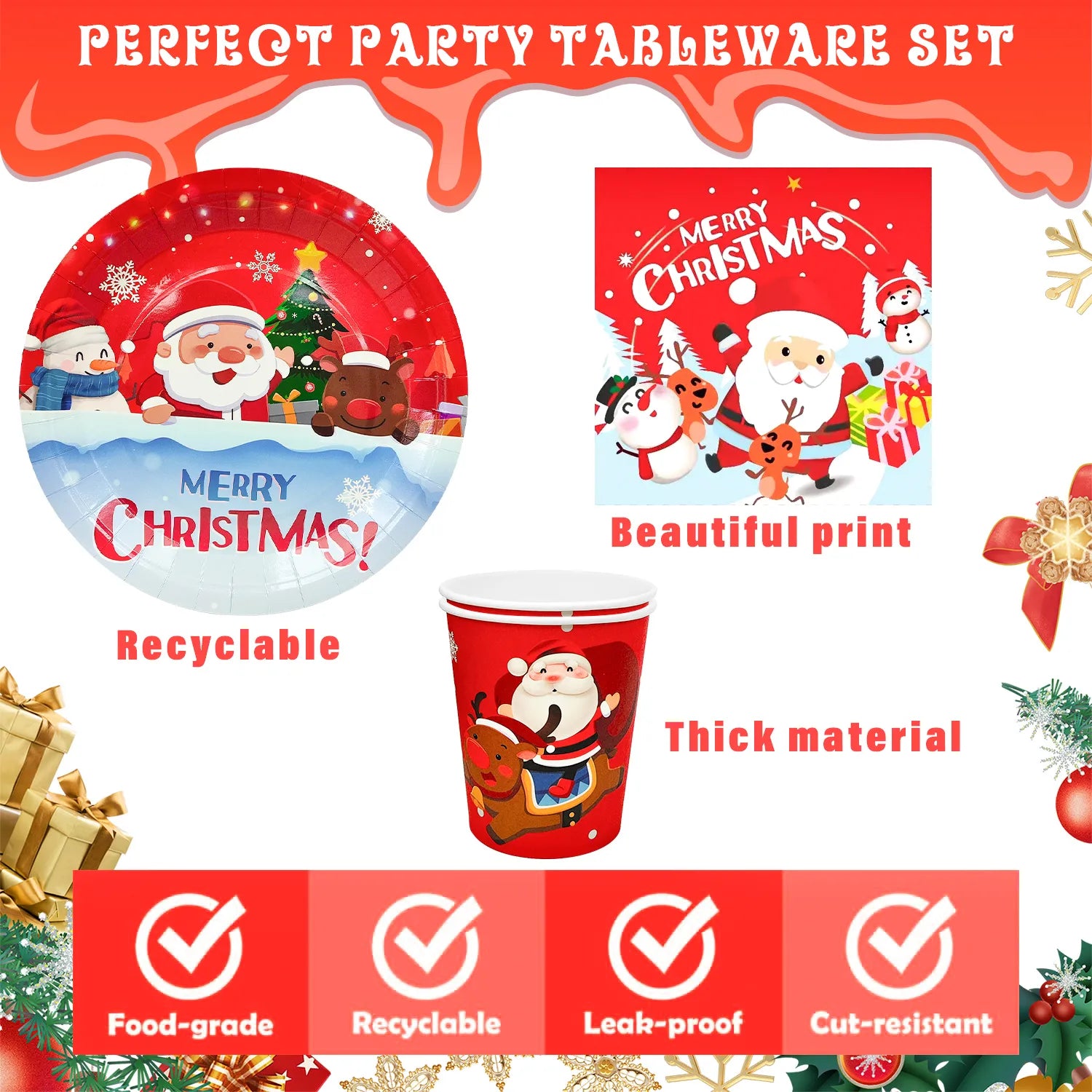 Christmas Tableware,65pcs Christmas Party Tableware Set Including Christmas Paper Plates and Napkins Cups and Christmas Tablecloth etc Xmas Party Tableware for Boys/Girls Christmas Party Supplies