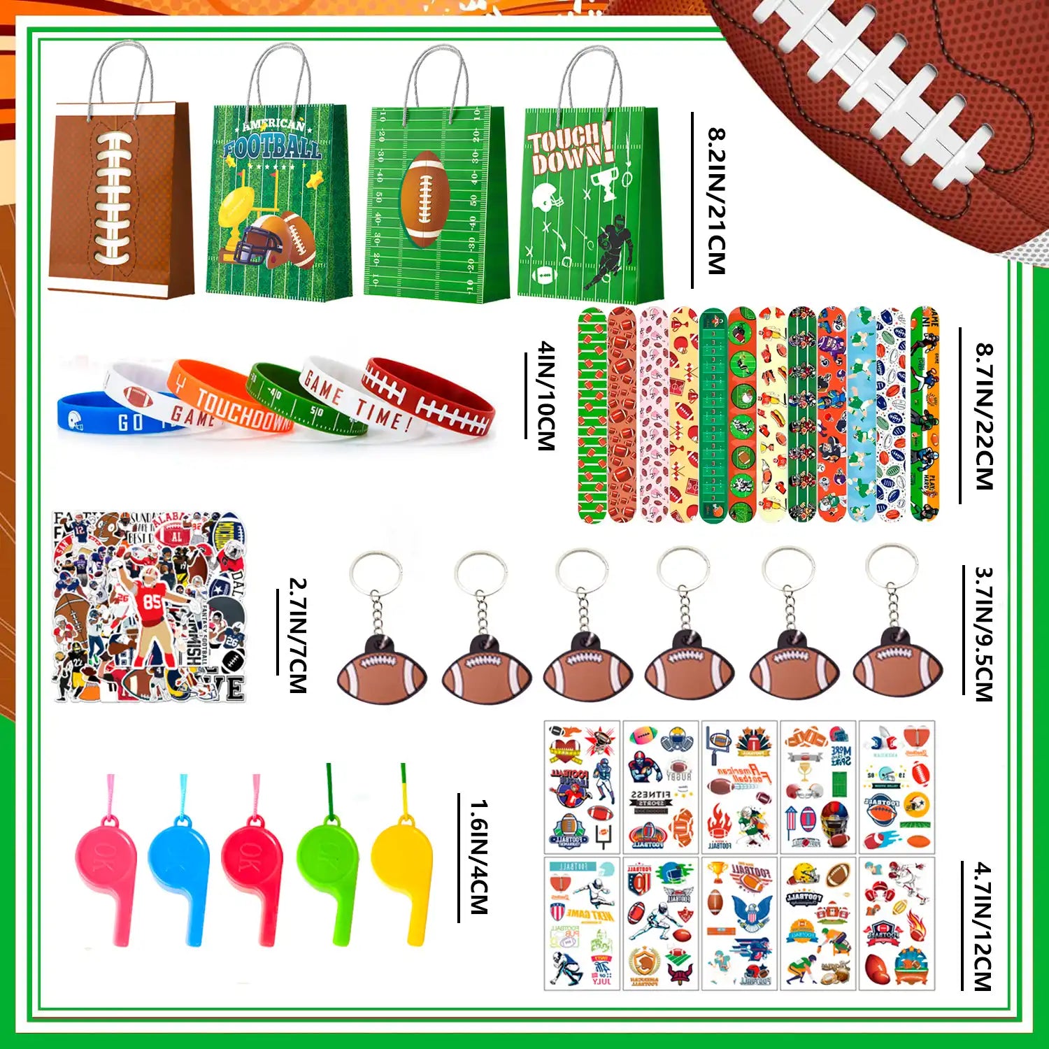 Football Party Favors for Kids,122pcs All-In-One Football Themed Party Favors Set - Football Party Bags, Football Keychains Bracelets Stickers Whistle etc Rugby Party Favors for Football Party Decor